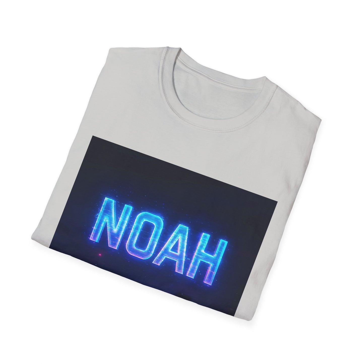 White folded t-shirt with a dark rectangular graphic showing neon blue NOAH text.