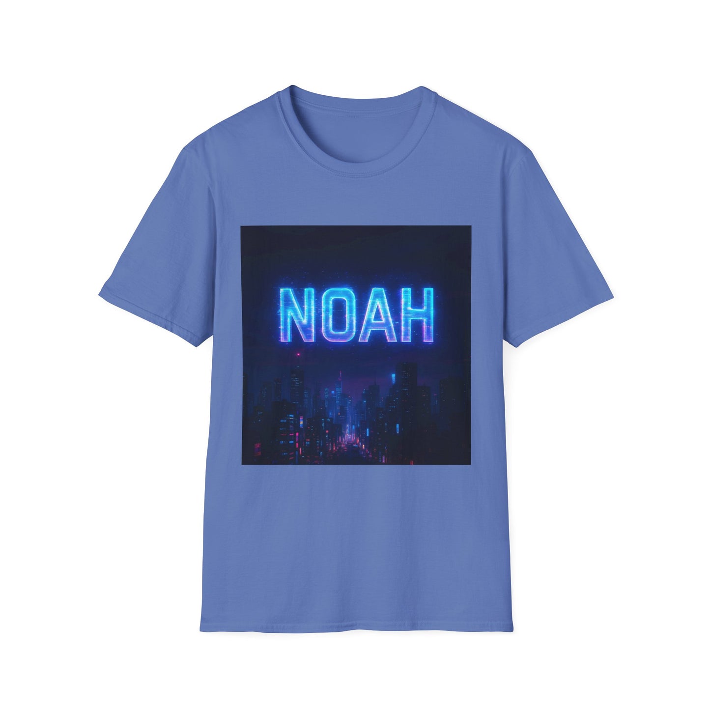 Blue short-sleeve t-shirt featuring a square graphic of a neon blue "NOAH" sign above a dark city skyline.