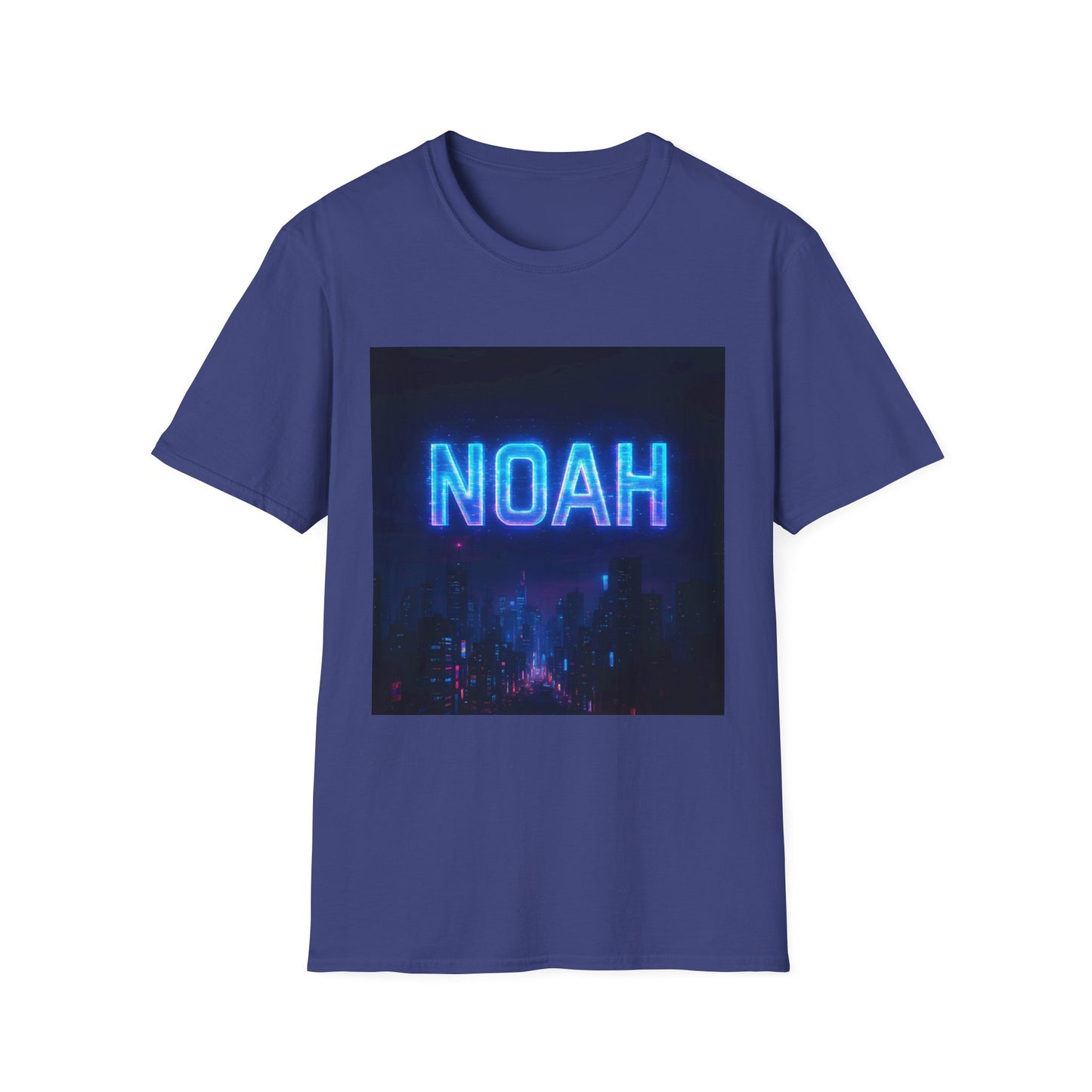 Blue short-sleeve T-shirt featuring a neon blue NOAH sign over a dark city skyline graphic.