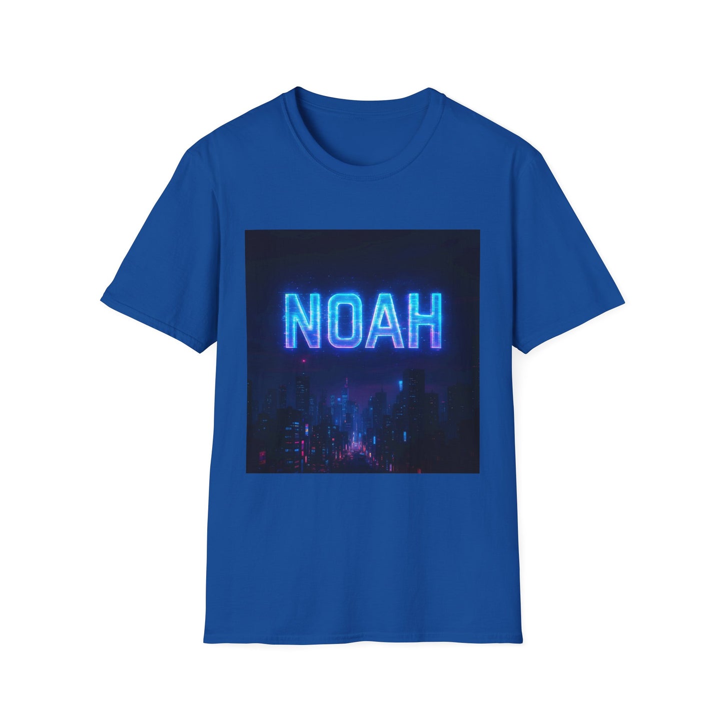 Blue T-shirt featuring a square graphic of a neon blue "NOAH" sign above a city skyline at night.