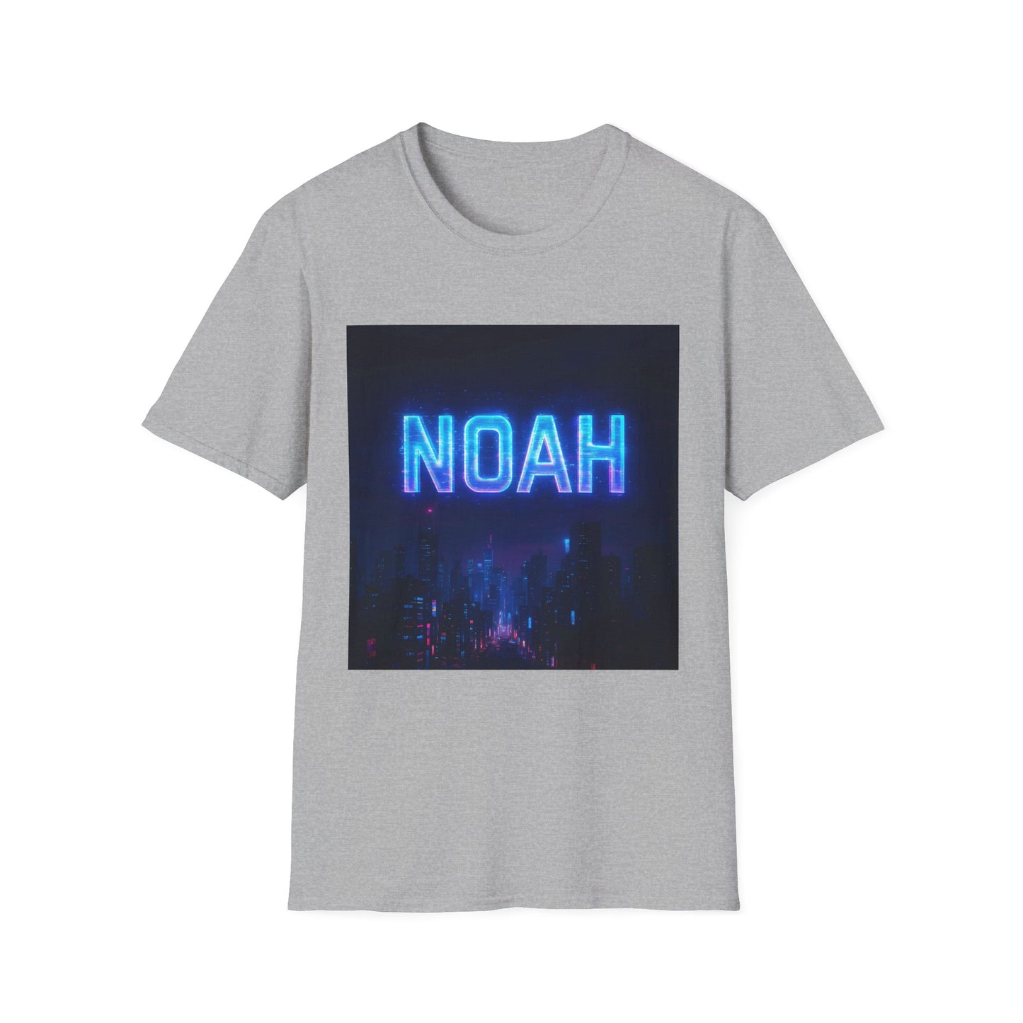 Grey T-shirt with a square graphic showing a neon blue "NOAH" sign above a dark city skyline.