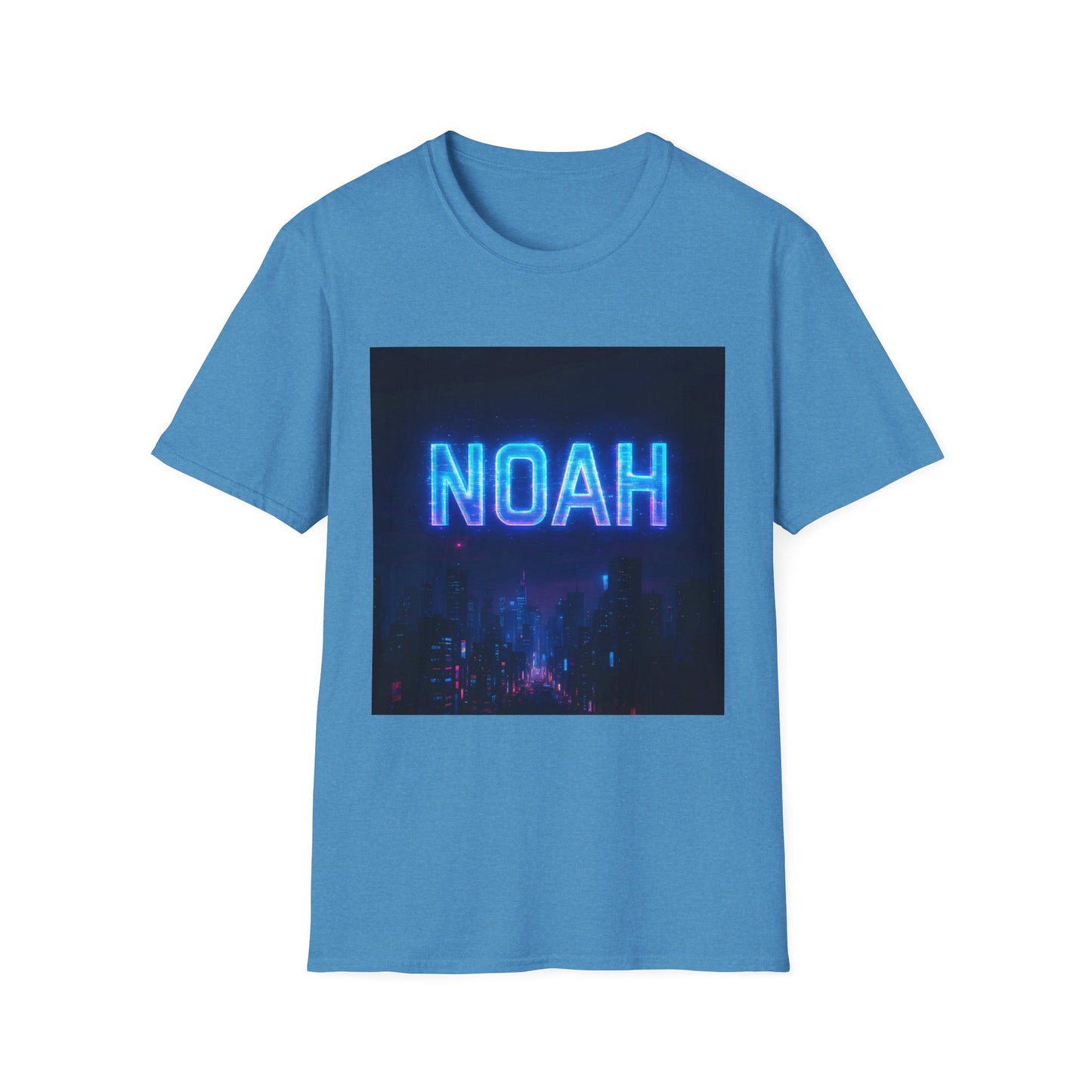 Blue short-sleeve T-shirt featuring a square graphic of a neon blue “NOAH” sign above a dark city skyline.