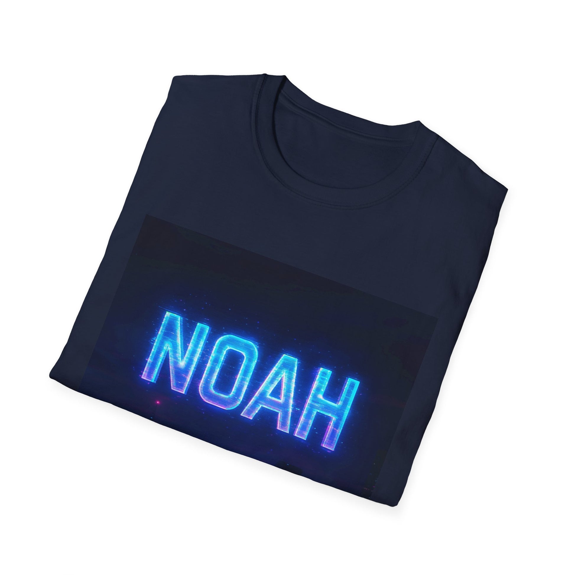 Folded navy blue t-shirt displaying a neon blue "NOAH" graphic on the front.
