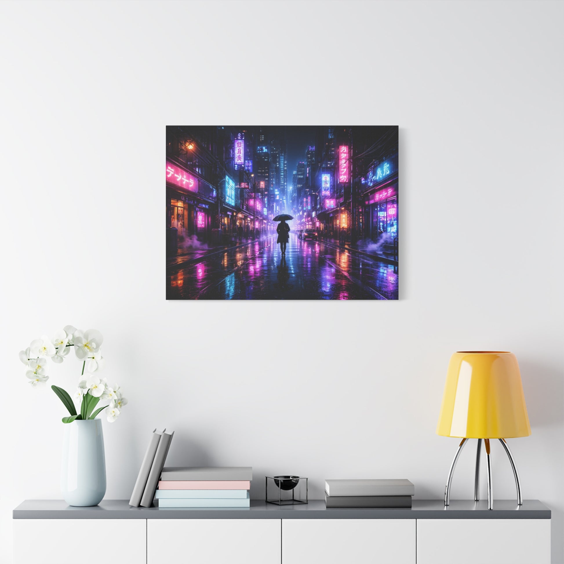 Neon Rain City Canvas Print – Futuristic Cyberpunk Wall Art, canvas wall art, gallery image 57 of 76