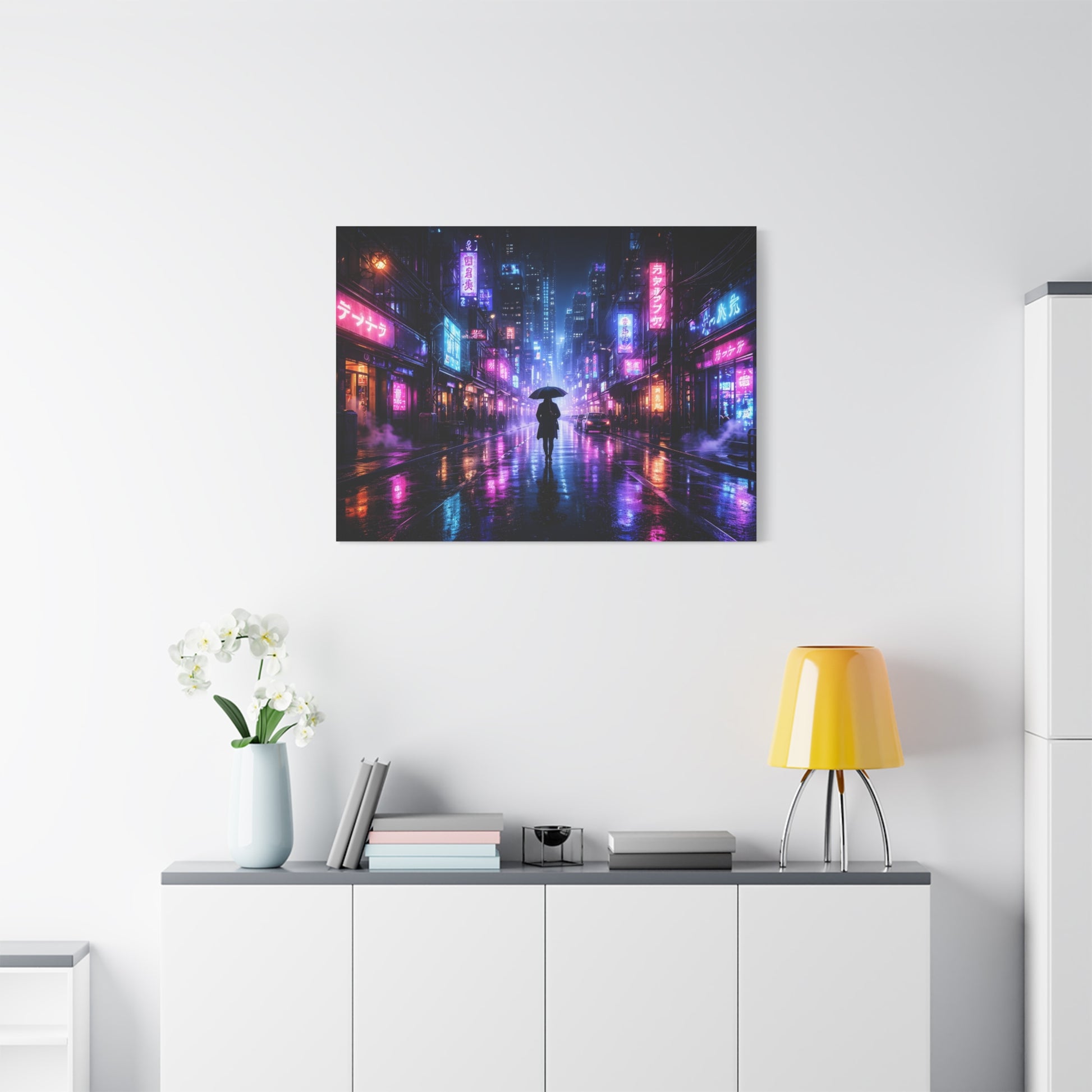 Neon Rain City Canvas Print – Futuristic Cyberpunk Wall Art, canvas wall art, gallery image 63 of 76