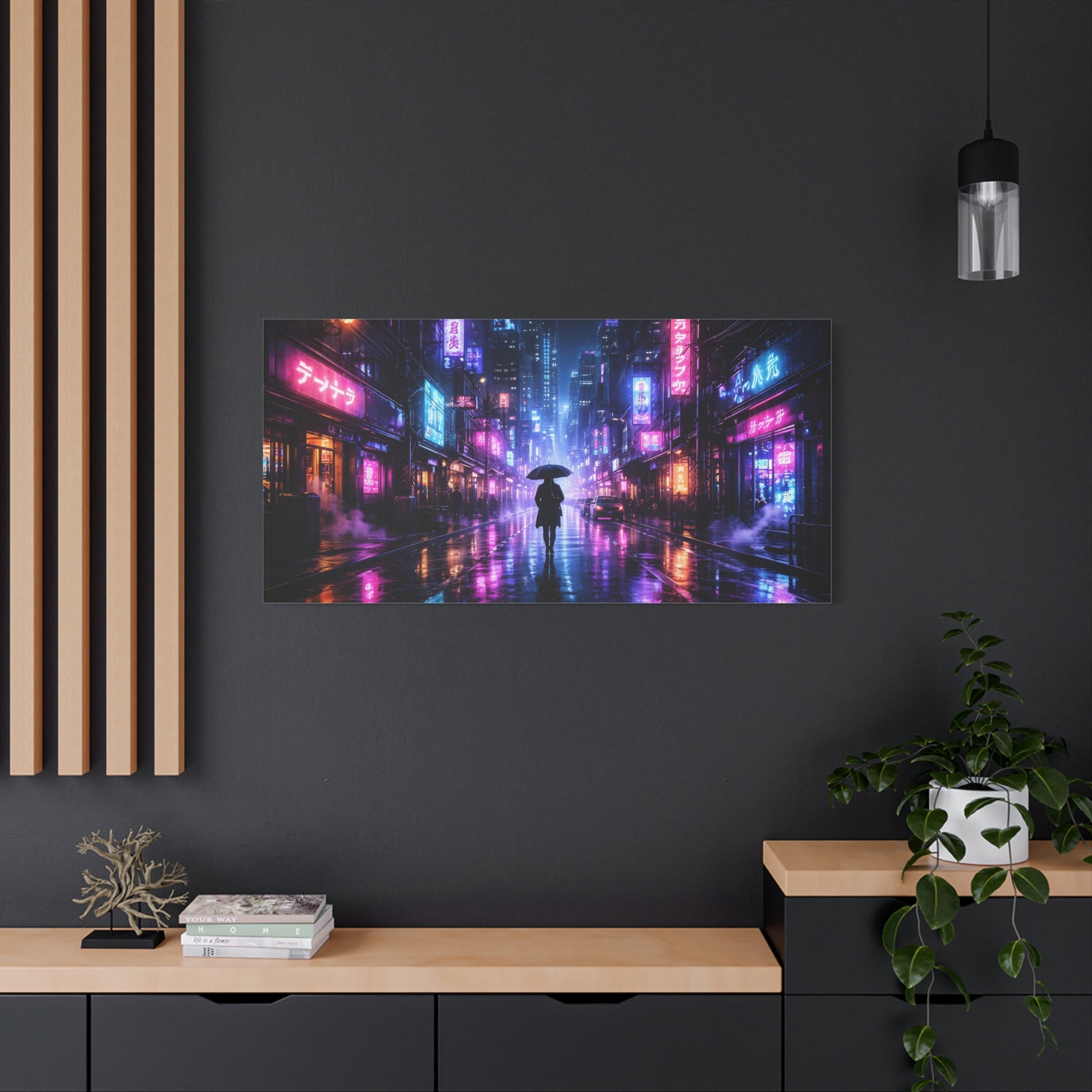 Neon Rain City Canvas Print – Futuristic Cyberpunk Wall Art, canvas wall art, gallery image 67 of 76