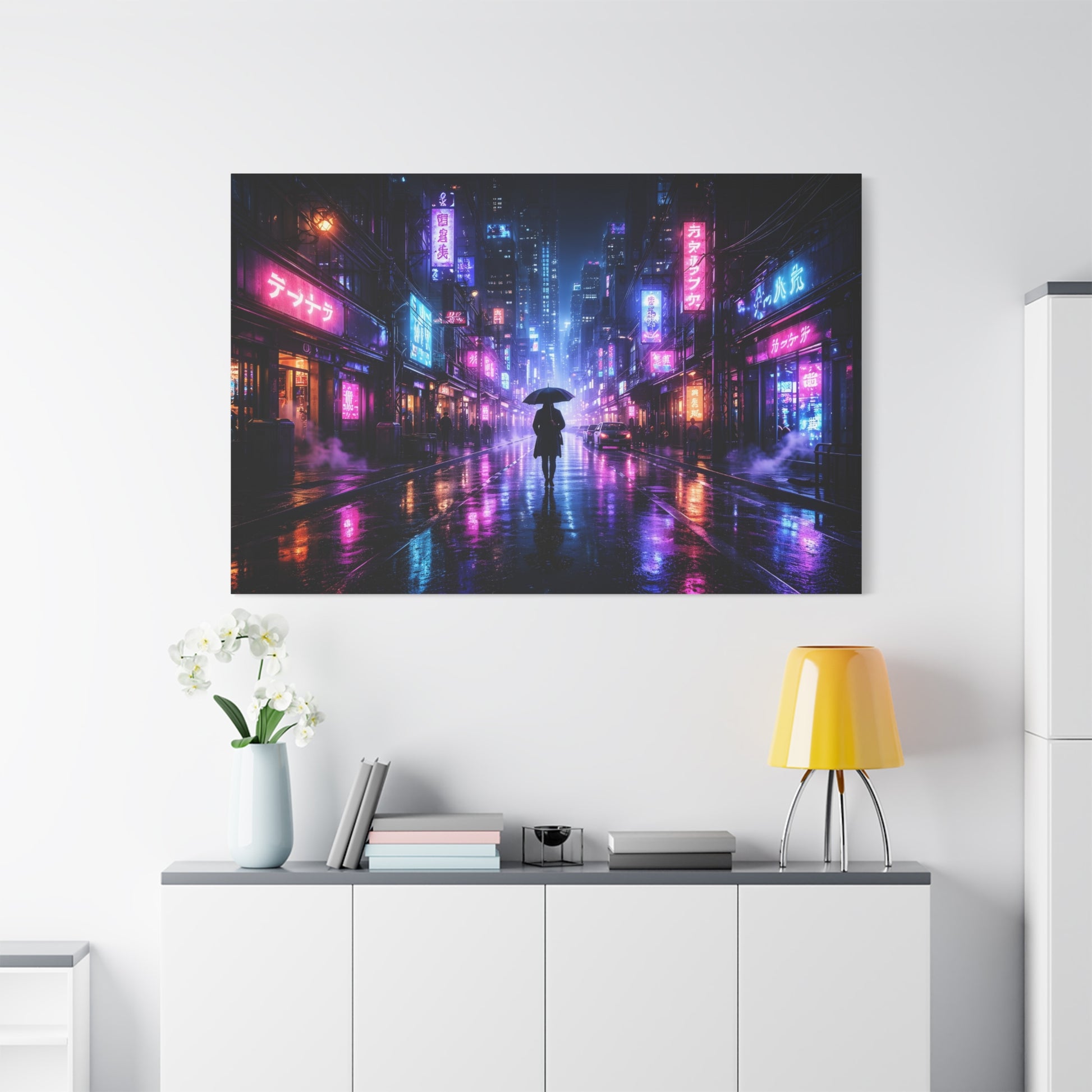 Neon Rain City Canvas Print – Futuristic Cyberpunk Wall Art, canvas wall art, gallery image 75 of 76
