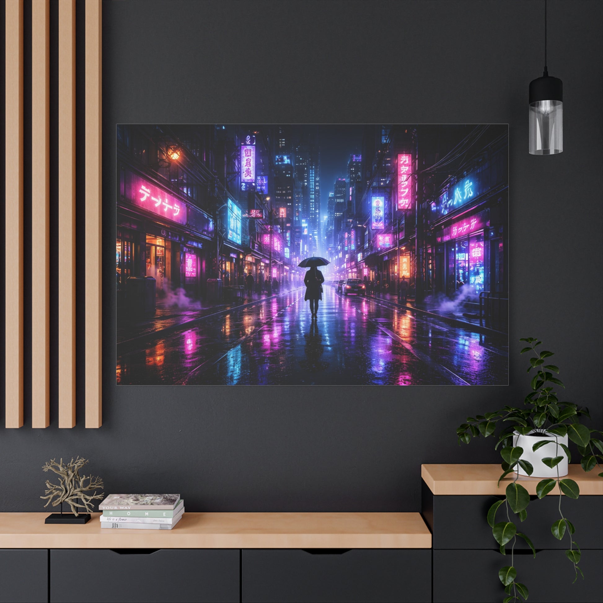Neon Rain City Canvas Print – Futuristic Cyberpunk Wall Art, canvas wall art, gallery image 76 of 76