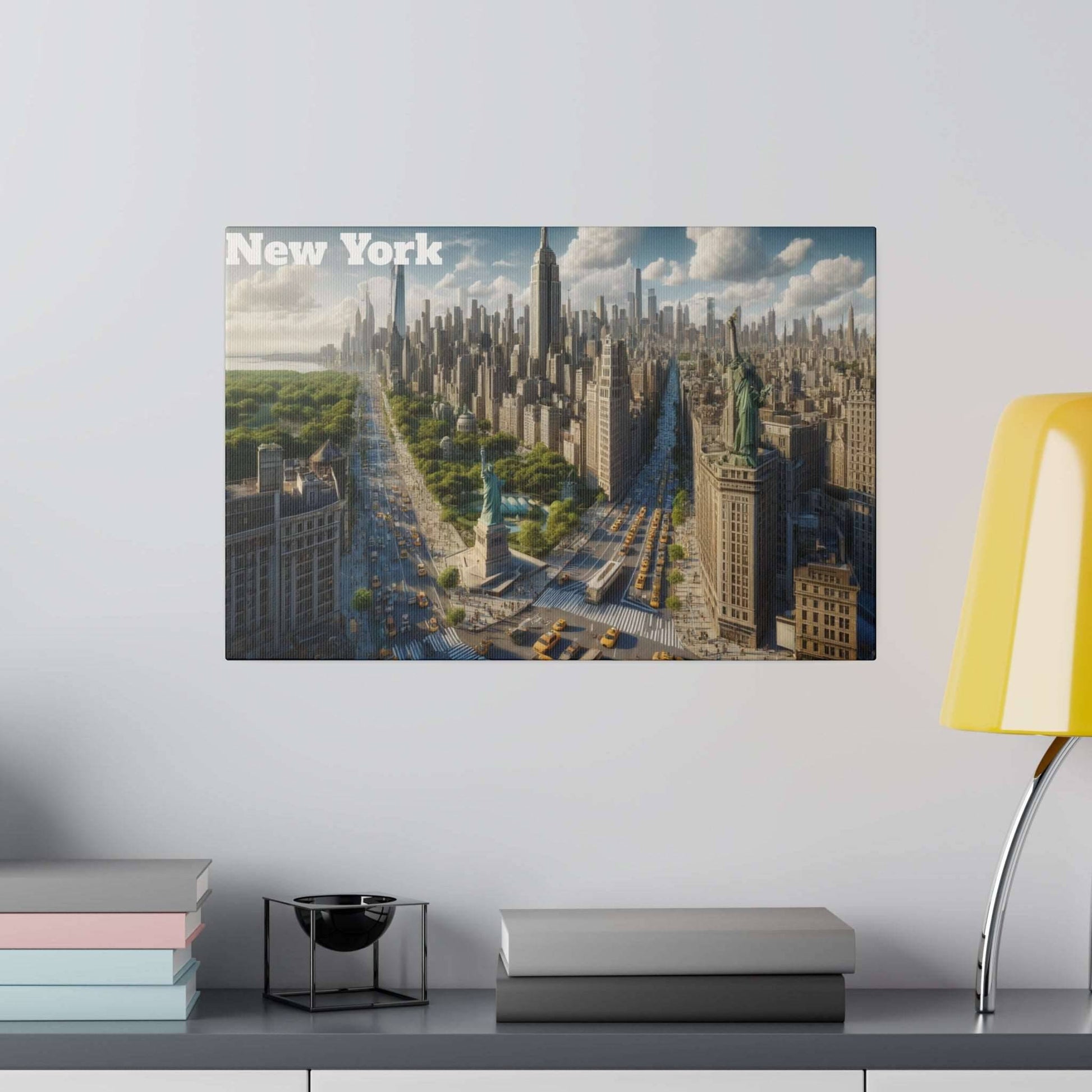 Canvas print titled New York City skyline, showing tall buildings, wide avenues, and the Statue of Liberty in the foreground.