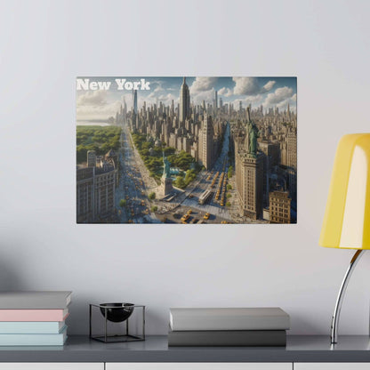 Canvas print titled New York City skyline, showing tall buildings, wide avenues, and the Statue of Liberty in the foreground.