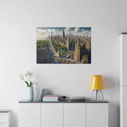 Wall-mounted print of New York skyline above a white cabinet with books, a yellow lamp, and a vase of white flowers.