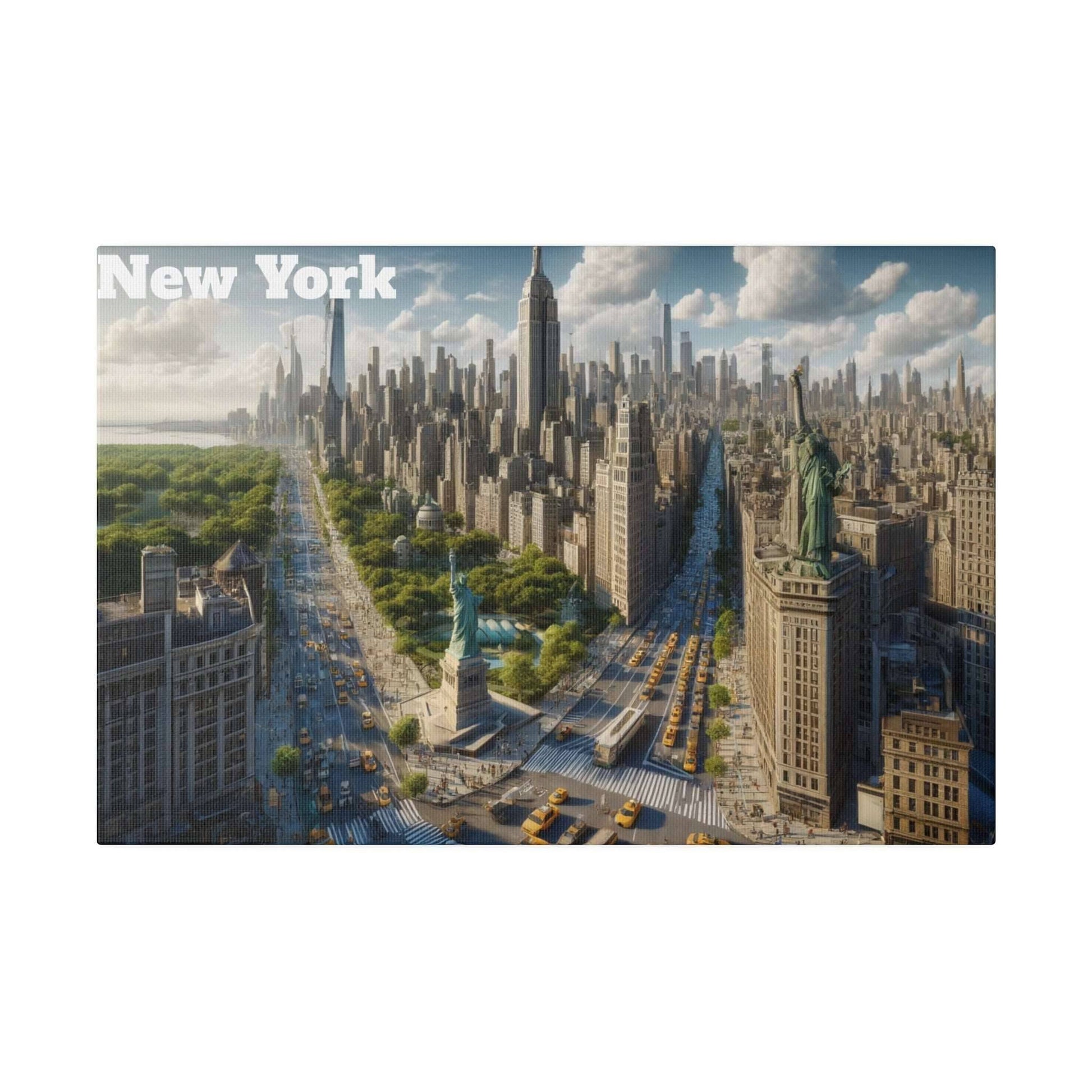 New York skyline canvas print showing the dense cityscape with Central Park on the left and the Statue of Liberty in the foreground.