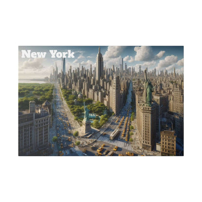 Aerial view of New York City skyline featuring the Statue of Liberty and Central Park on the left.
