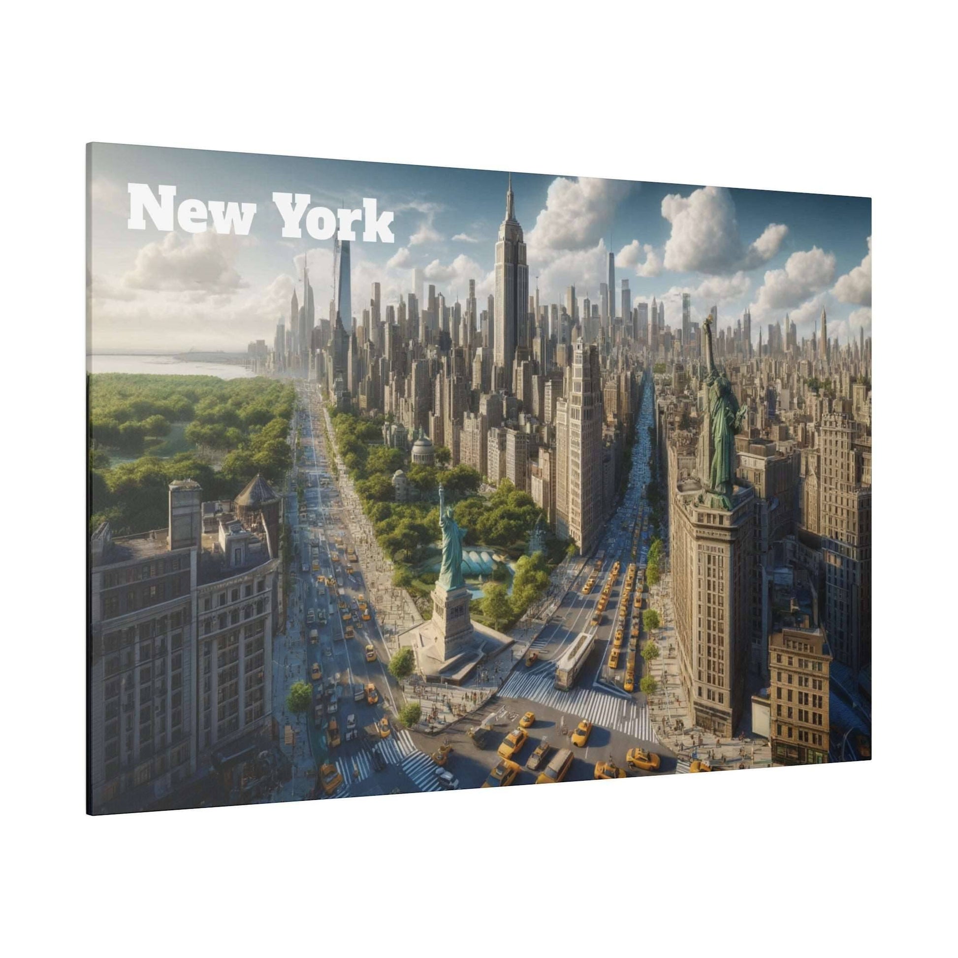 Canvas print of a New York City skyline with Statue of Liberty in the foreground and 'New York' text in the upper-left.