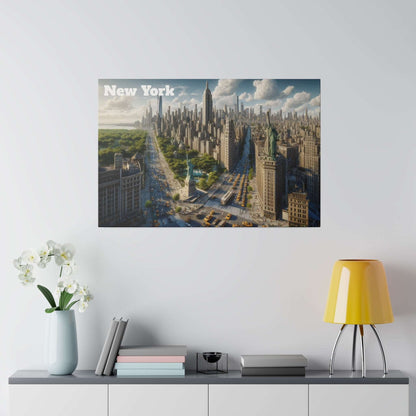 Canvas wall art depicting the New York City skyline with skyscrapers, yellow taxis, and a central park area.