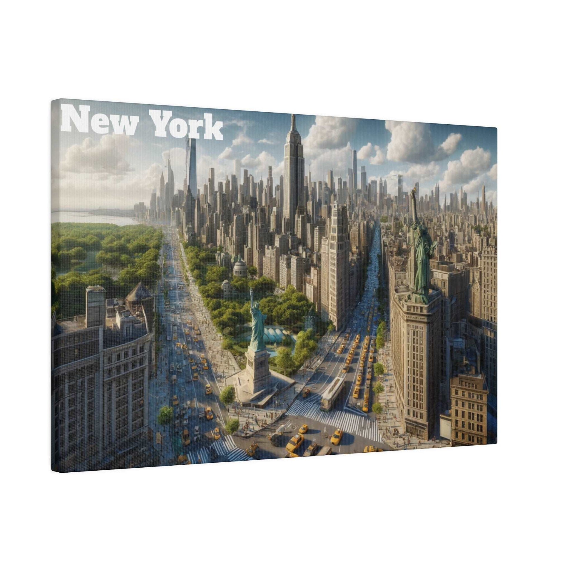 Canvas print of the New York City skyline featuring the Statue of Liberty, Central Park, and busy avenues.