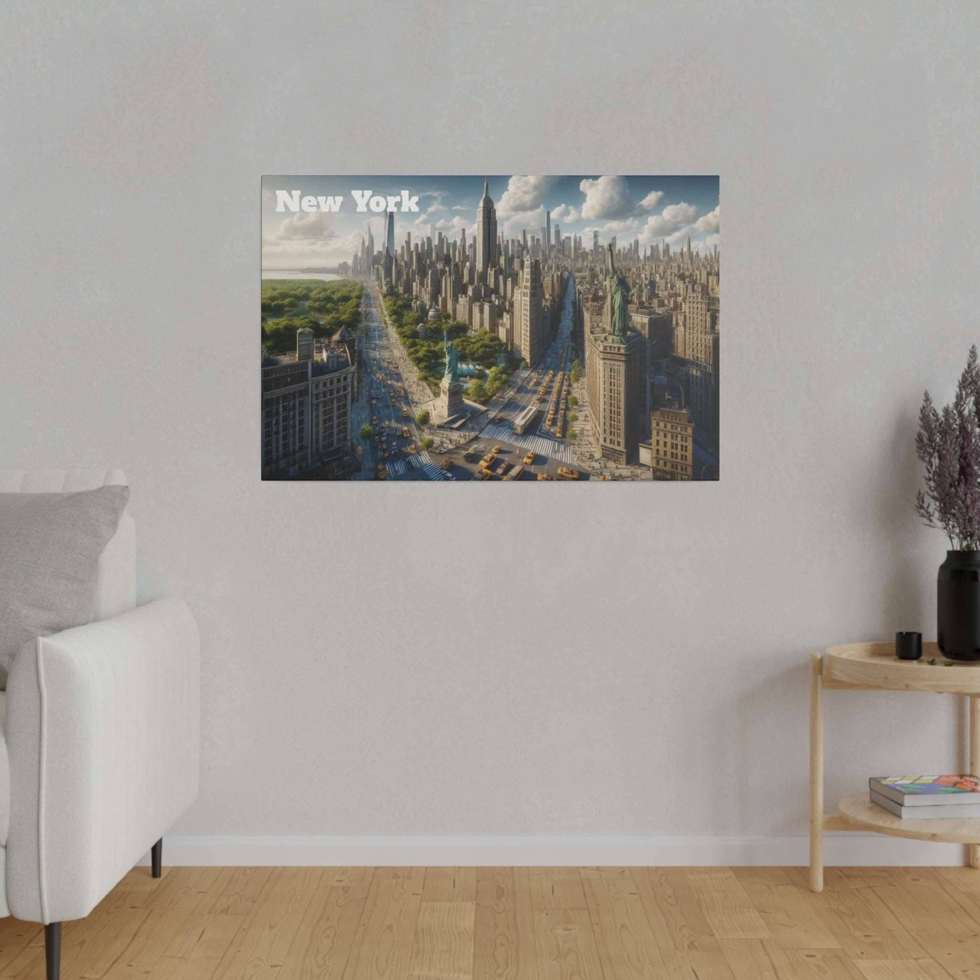 Canvas wall art depicting a New York City skyline with tall skyscrapers, a central avenue, and yellow taxis.
