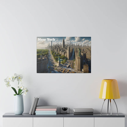 Square wall art print depicting a New York City skyline with tall buildings and a blue sky above.