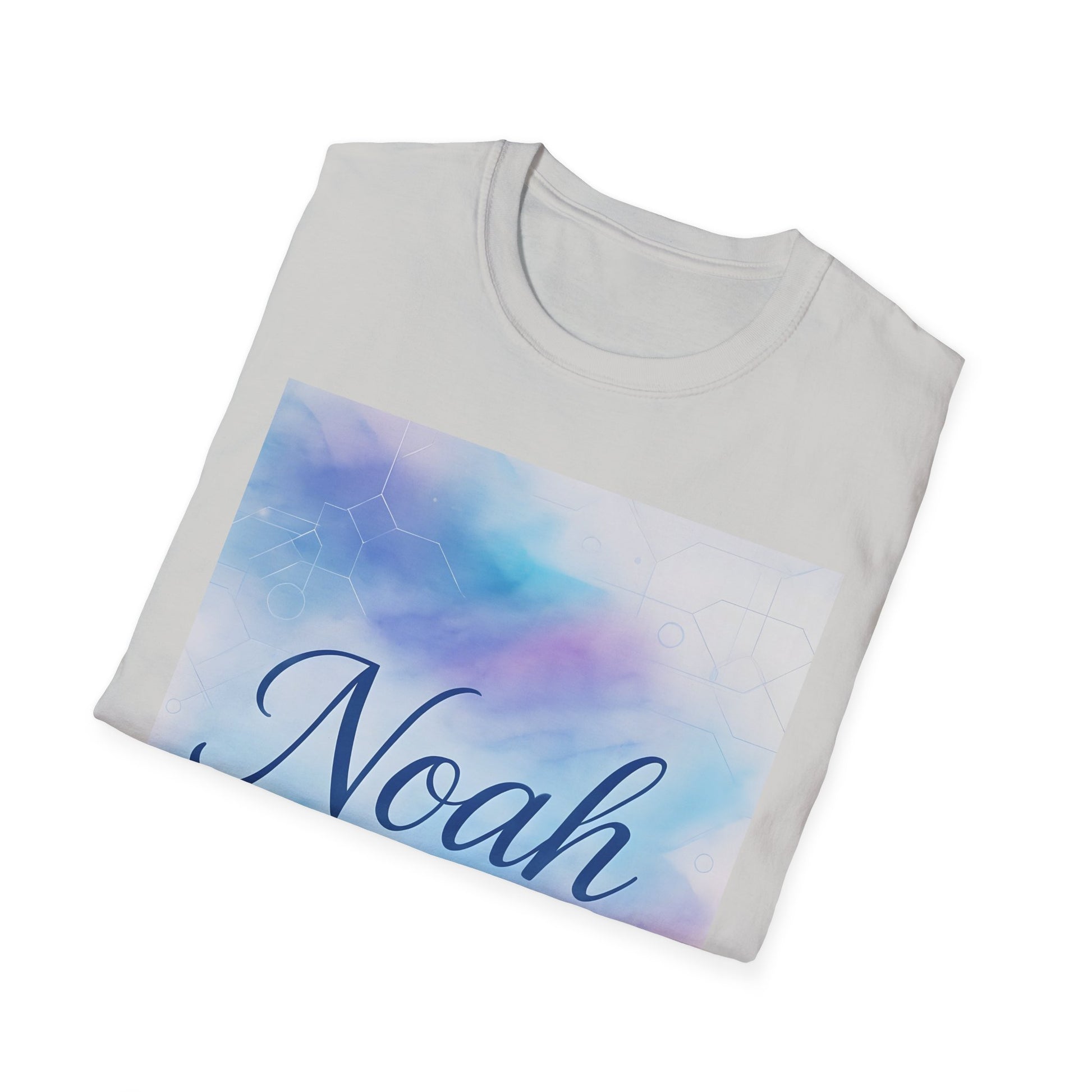 Light gray t-shirt folded, featuring a pastel blue‑purple gradient rectangle graphic and the word Noah in dark blue cursive.