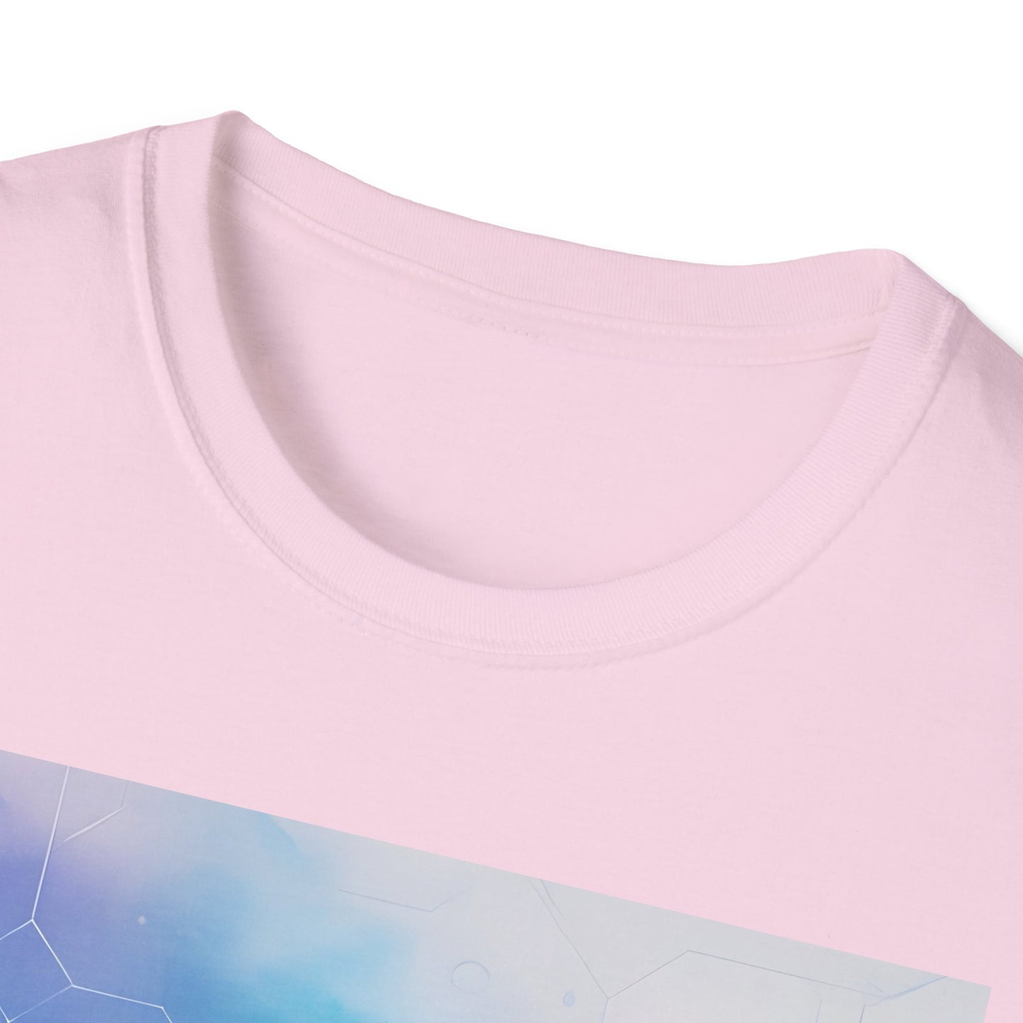 Close-up of a light pink T-shirt neckline with a blue geometric graphic partially visible at the bottom.