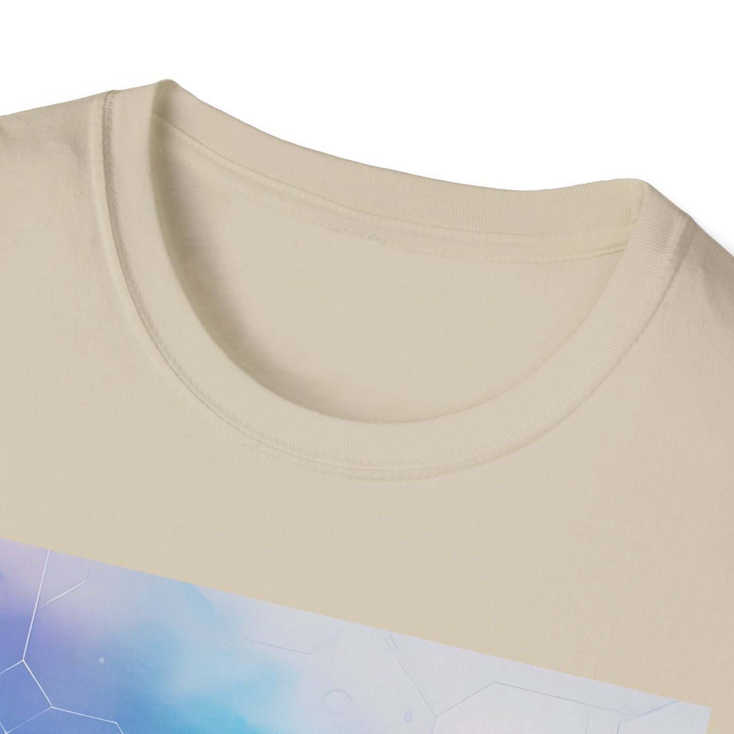 Beige crew-neck T-shirt with a blue-purple geometric graphic partially visible at the bottom.