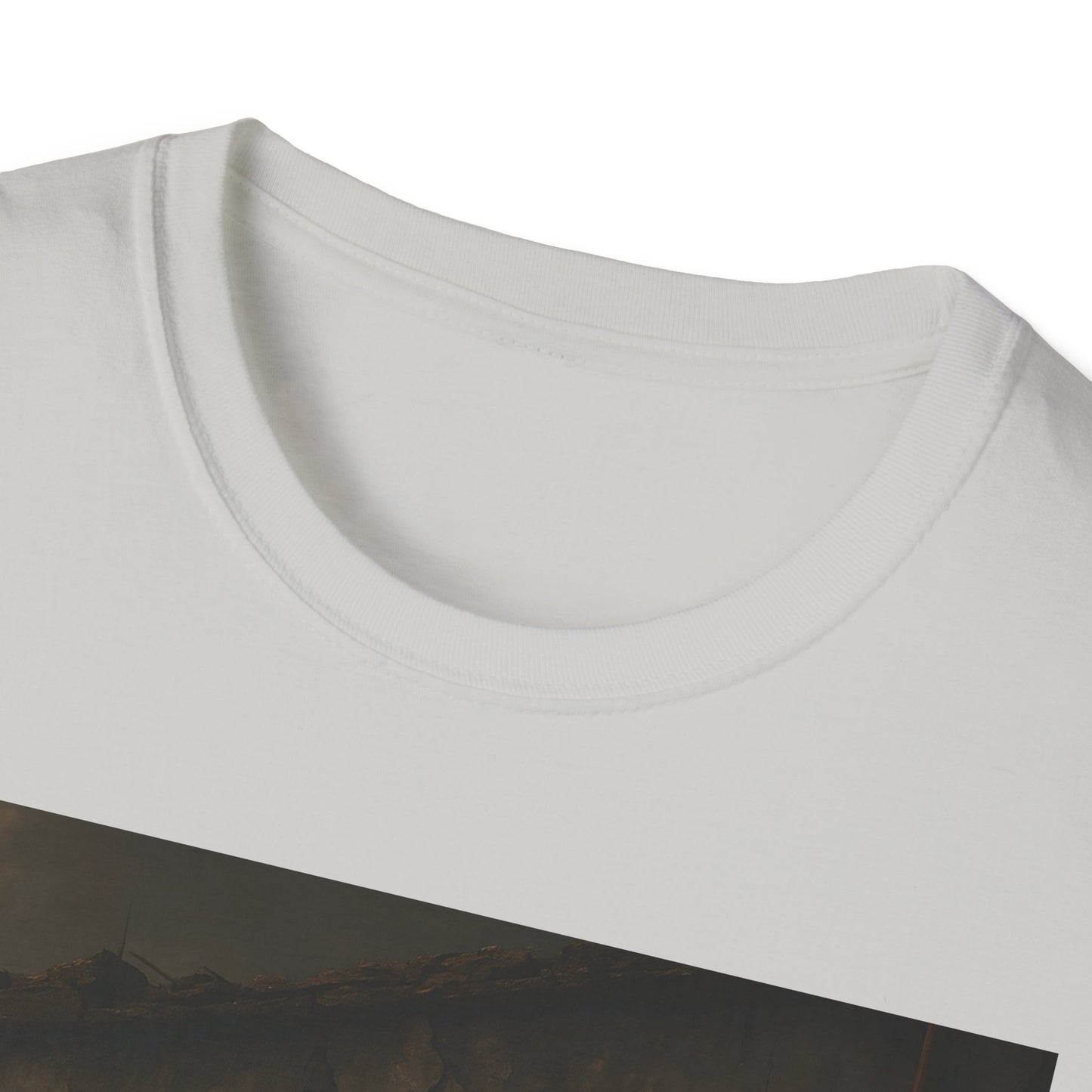 White crewneck T-shirt laid flat, showing the rounded neckline and part of a dark landscape print across the front.