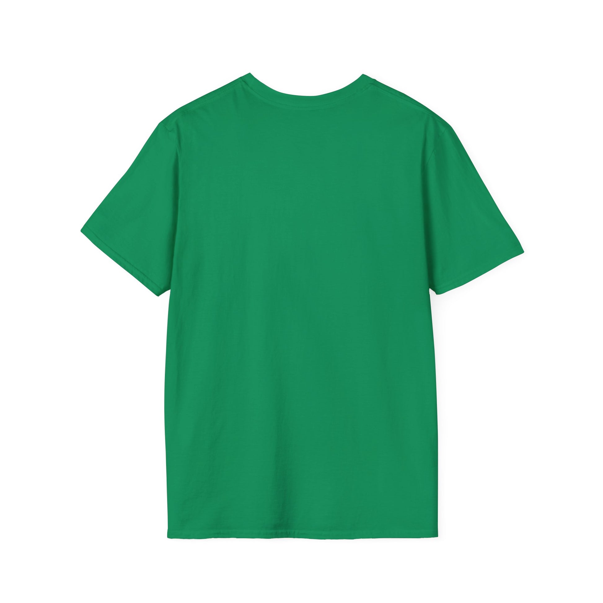 Back view of a plain emerald green short-sleeve T-shirt with a crew neck and smooth cotton fabric.