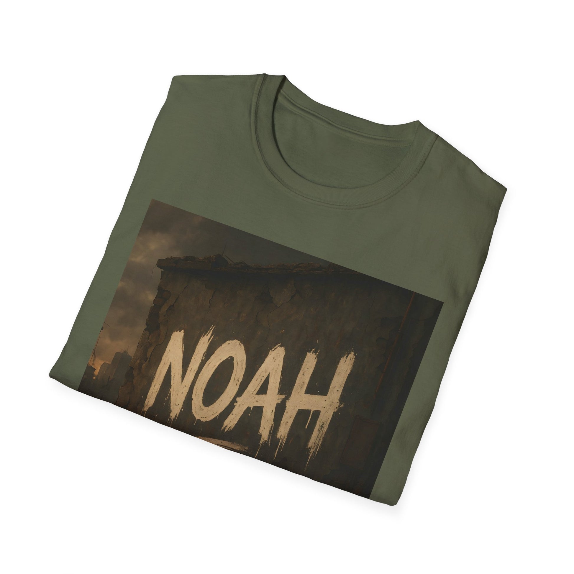 Olive green T-shirt featuring a rectangular graphic of a crumbling wall and the word NOAH in bold beige letters.