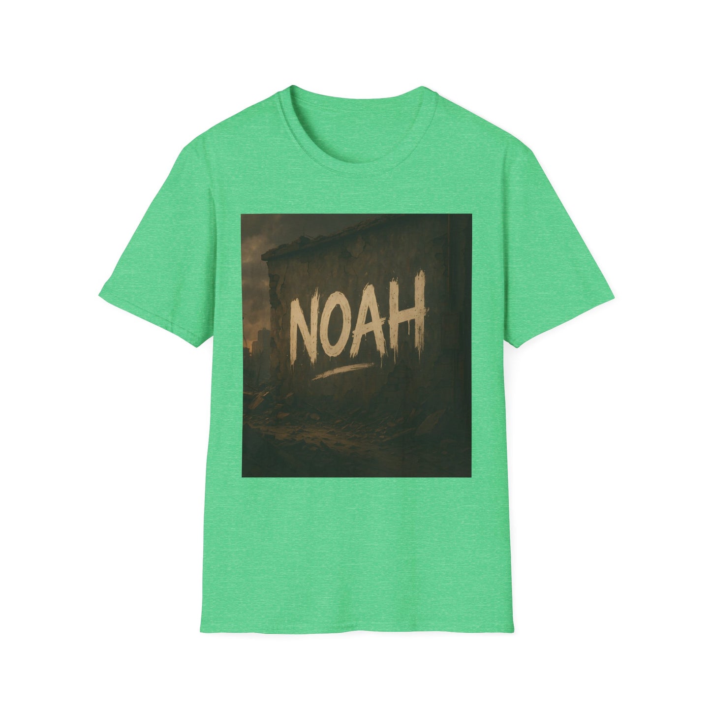 Green T-shirt with a dark square graphic showing the word NOAH in white over a ruined cityscape.