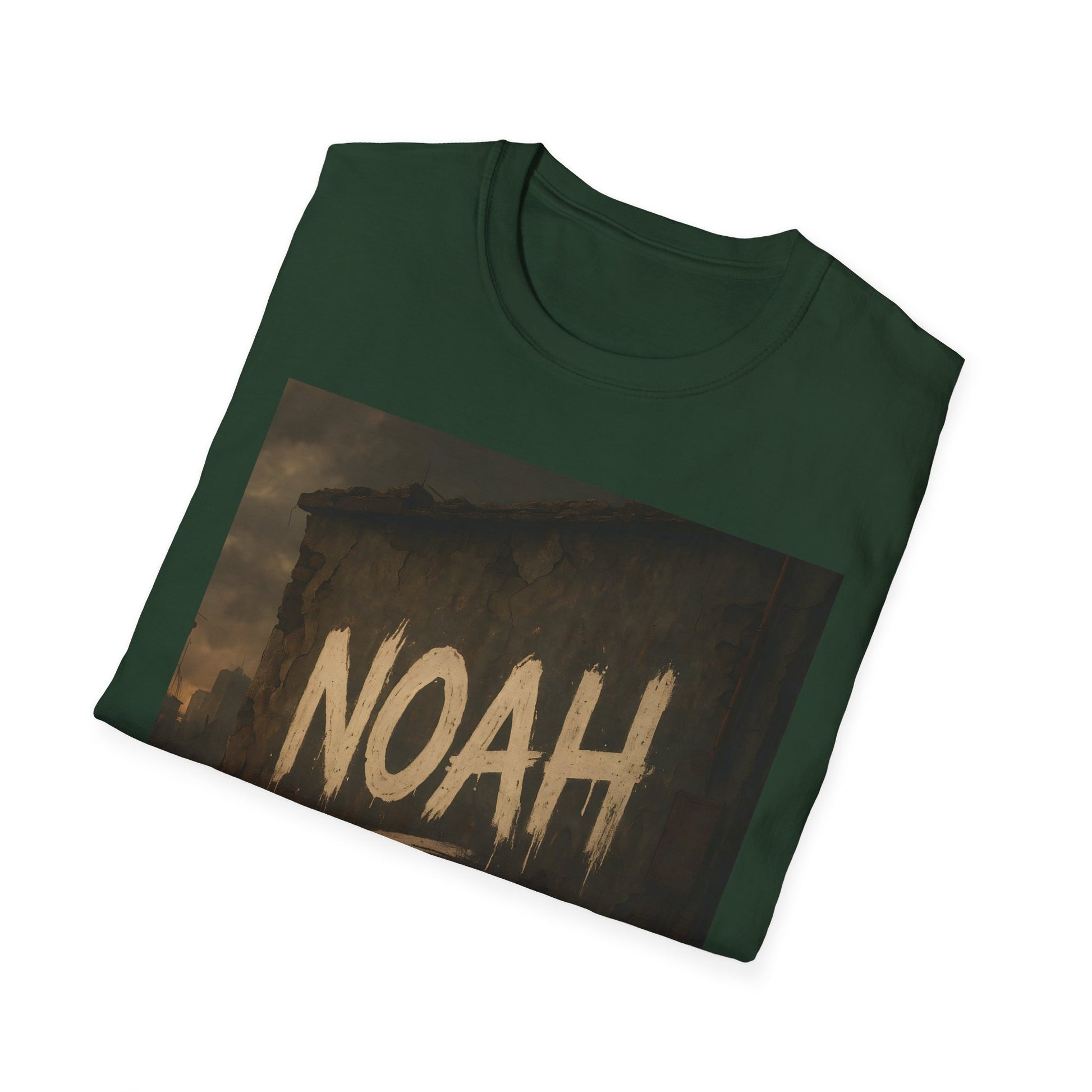 Green T-shirt with a dark rectangular graphic of a ruined wall and the word NOAH in large white brush-stroke letters.