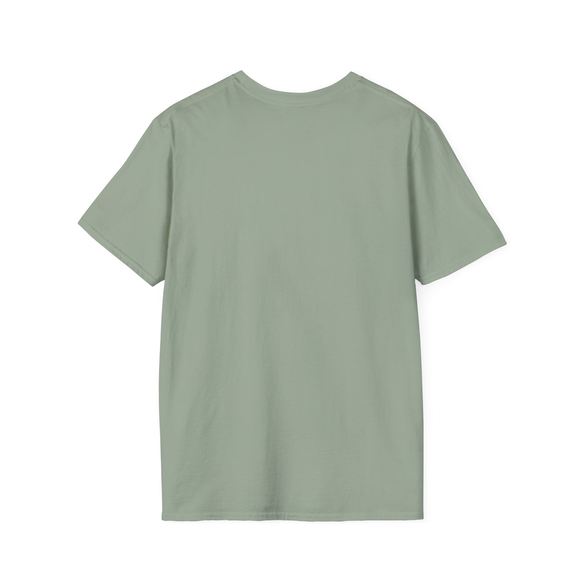 Back view of a muted sage green short-sleeve T-shirt with a crew neck and solid color.