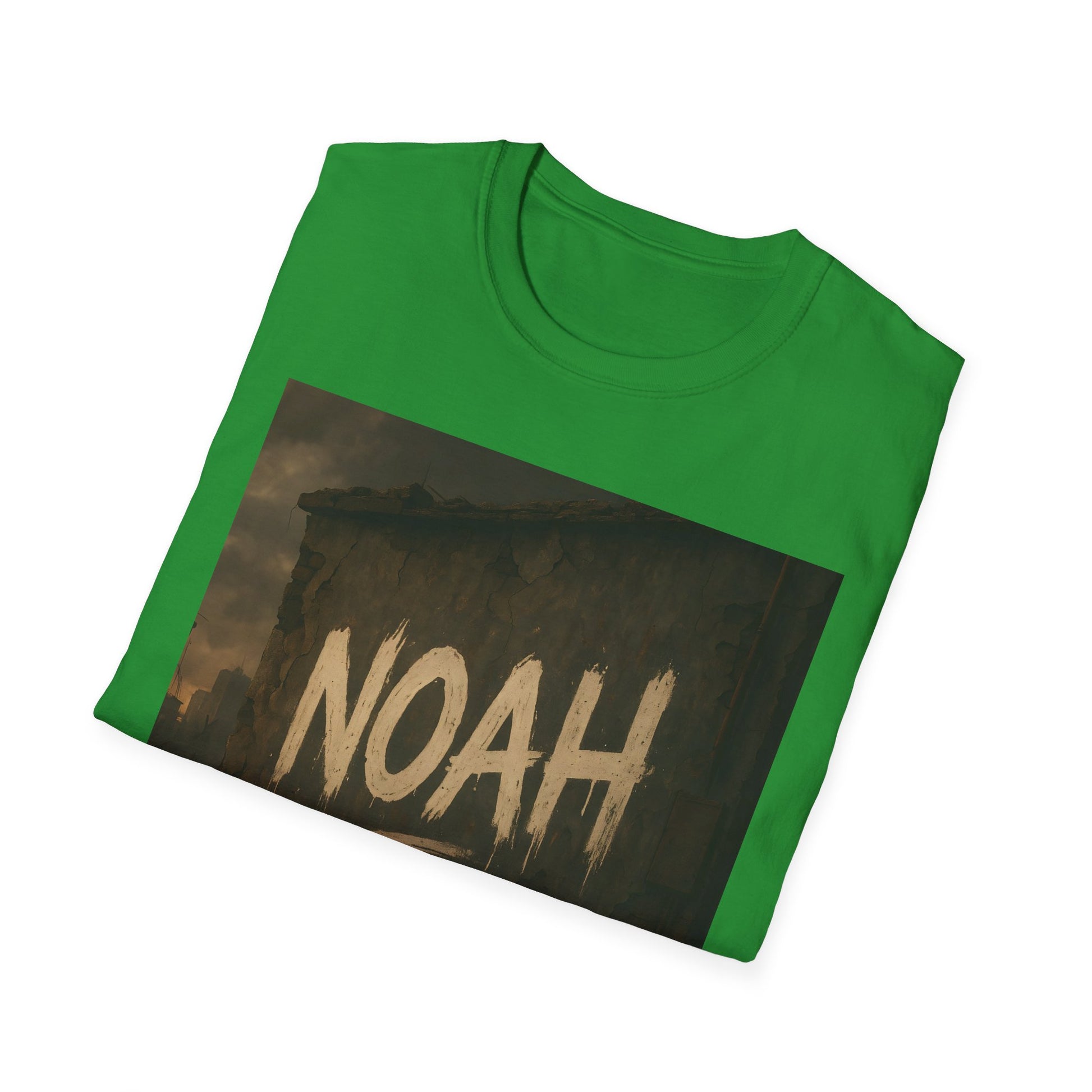 Green crewneck t-shirt with a dark rectangular graphic showing a ruined wall and the word NOAH in white brush lettering.