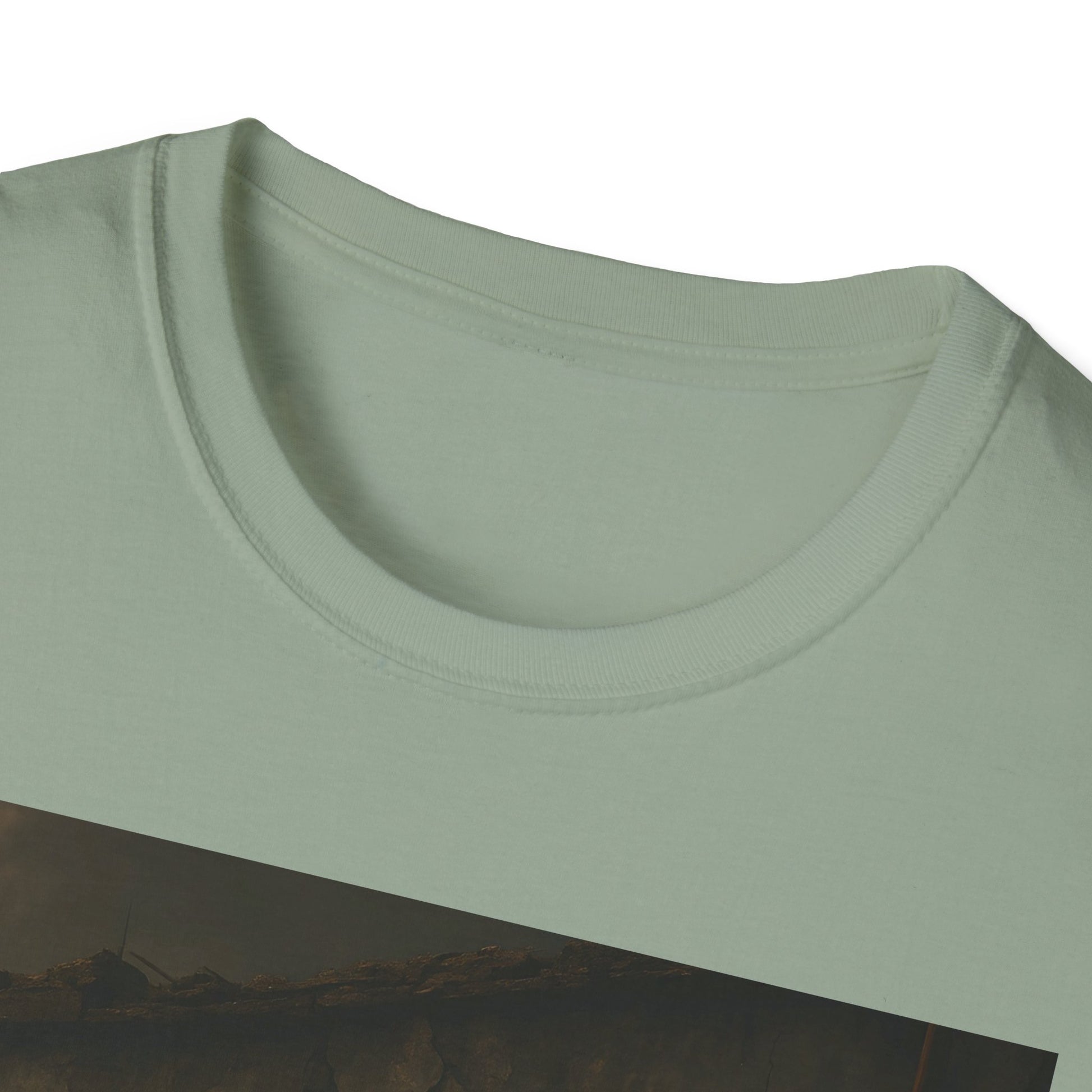 Close-up of a pale green crew-neck T-shirt, showing the ribbed collar and stitching.