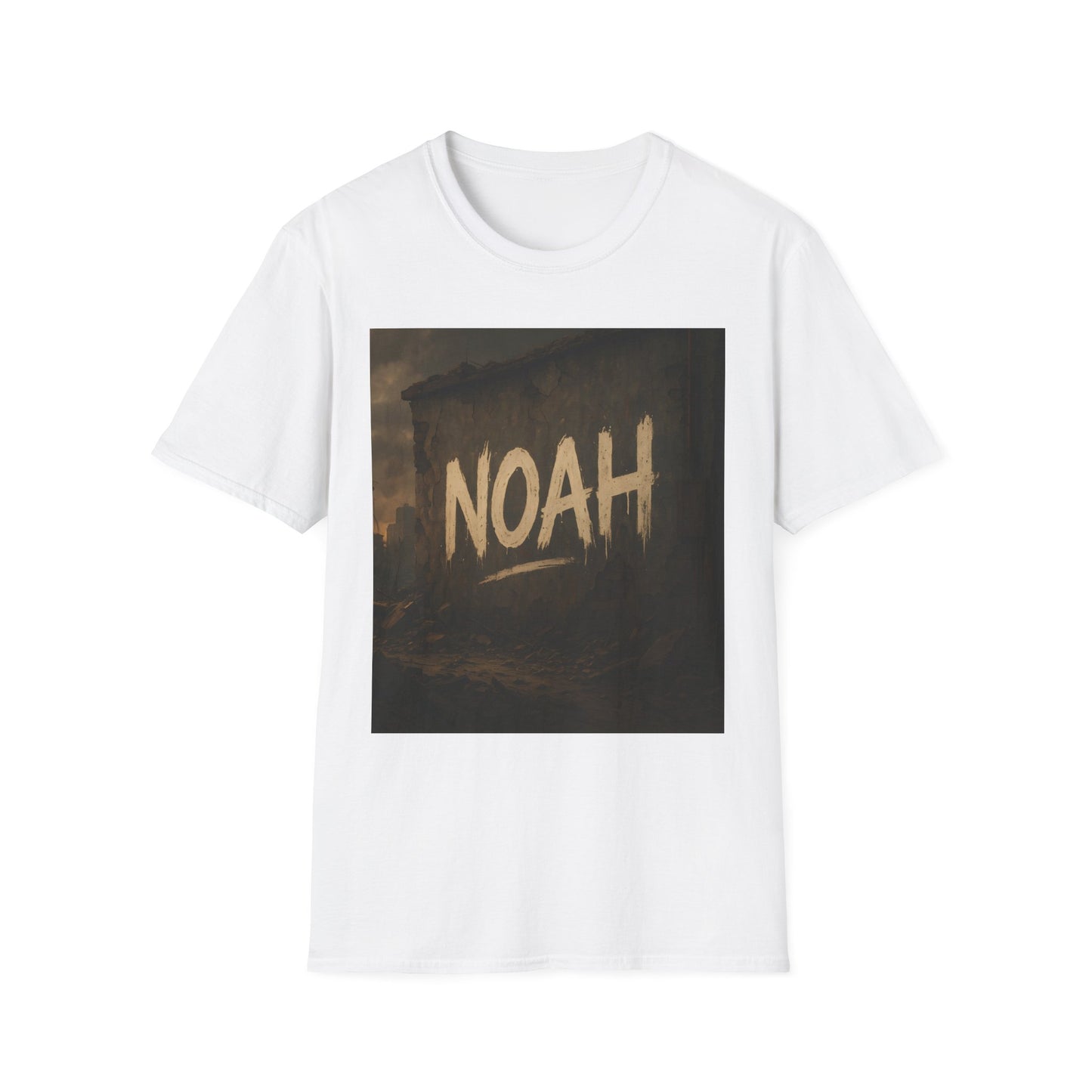 White T-shirt featuring a square, sepia-toned graphic of a ruined wall with the word NOAH painted in large beige letters.