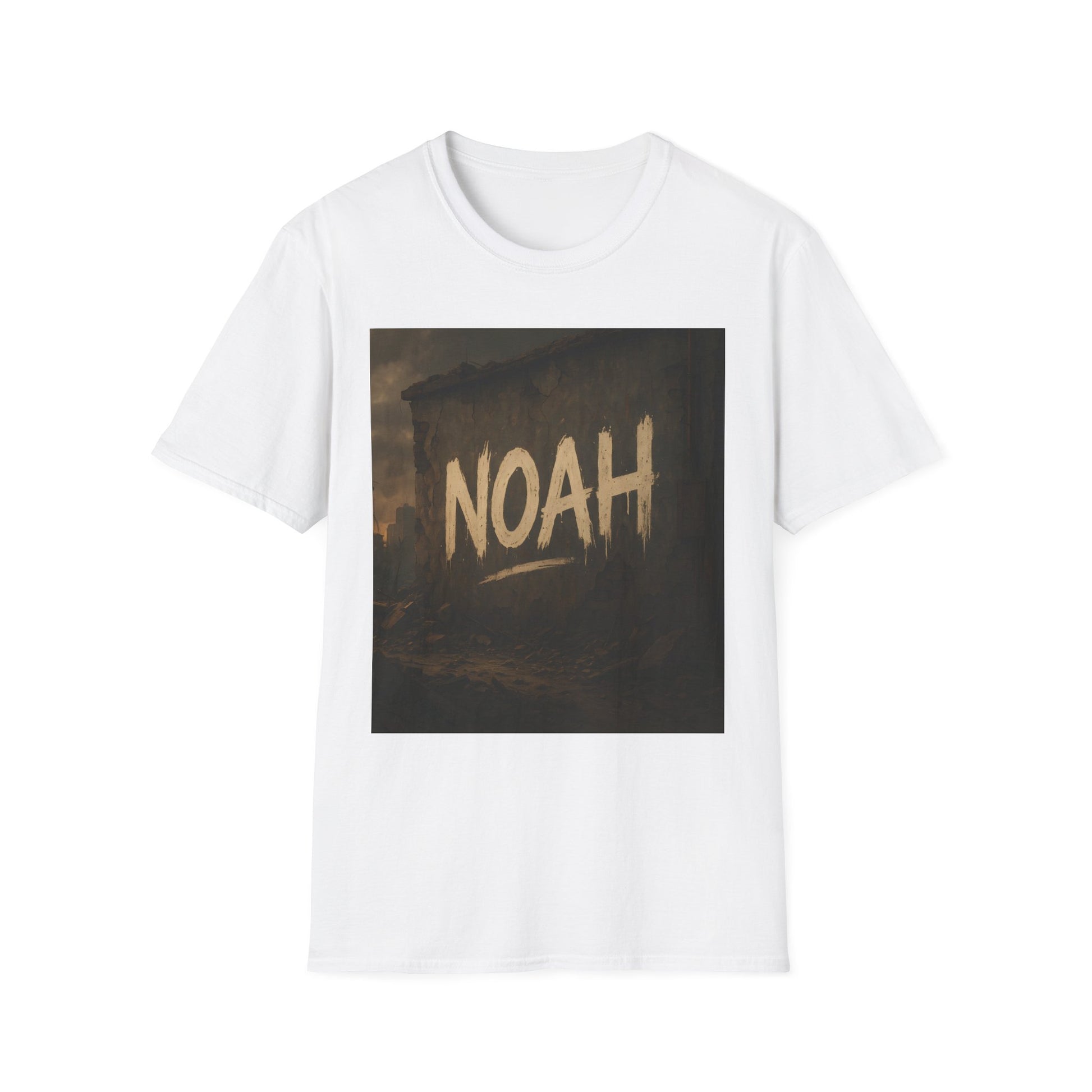 White T-shirt featuring a square, sepia-toned graphic of a ruined wall with the word NOAH painted in large beige letters.
