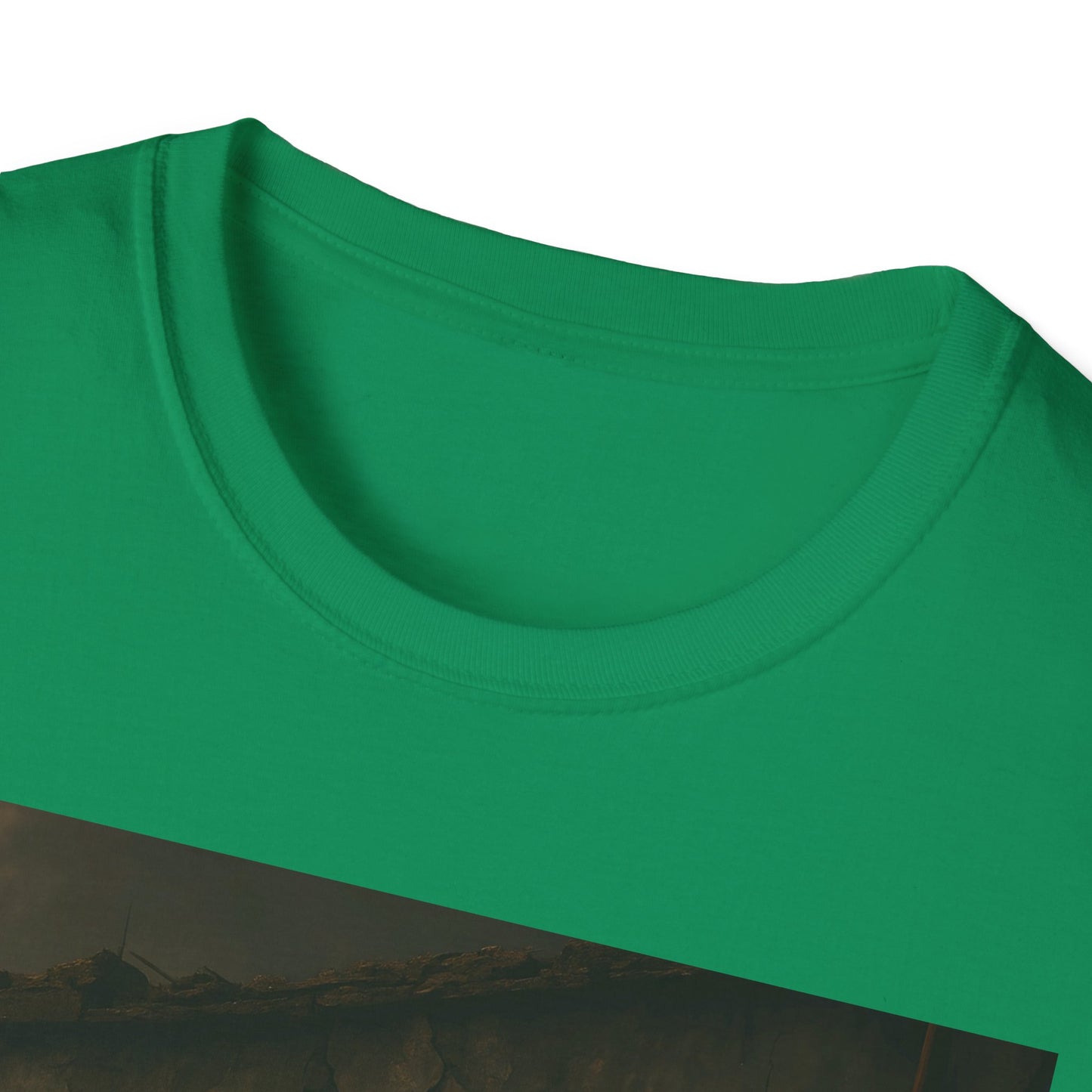 Close-up of a bright green crew-neck T-shirt, highlighting the collar stitching and smooth fabric.