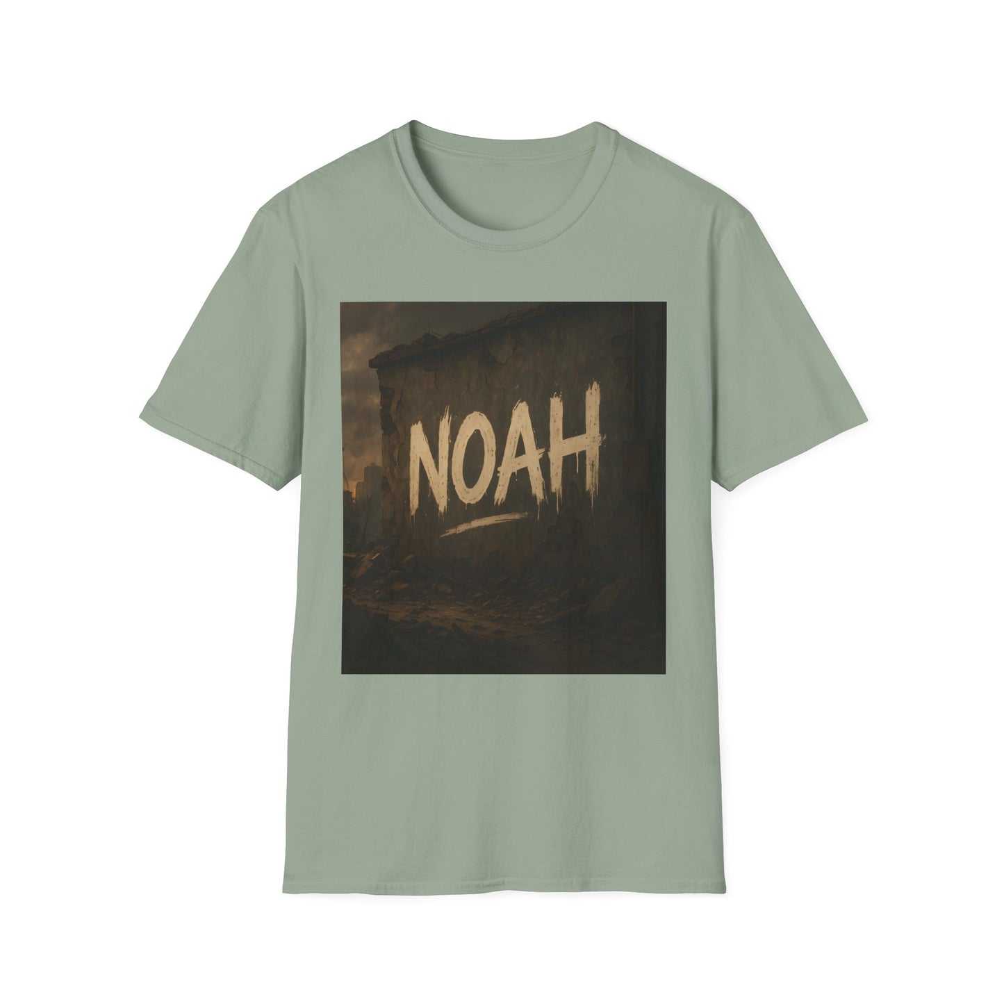 Light sage T-shirt with a square graphic of a ruined city scene and the word NOAH in beige brushstroke letters.