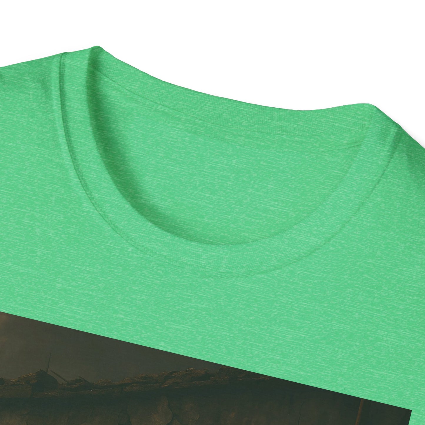 Close-up of a bright green crew-neck T-shirt showing the fabric texture and neckline.