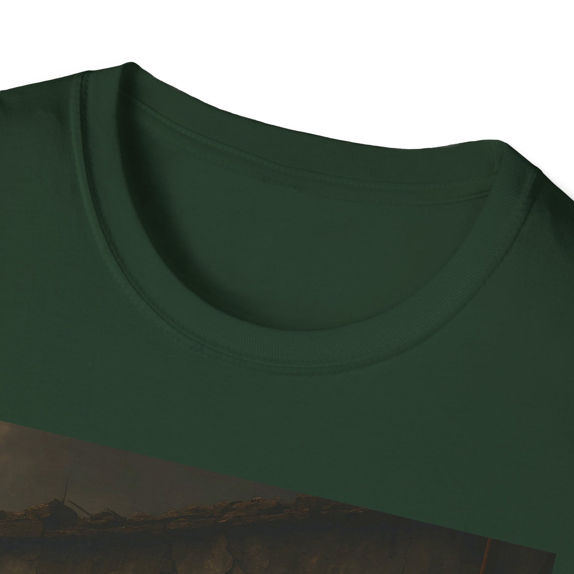 Close-up of a dark green crew-neck T-shirt with a landscape graphic across the lower portion.