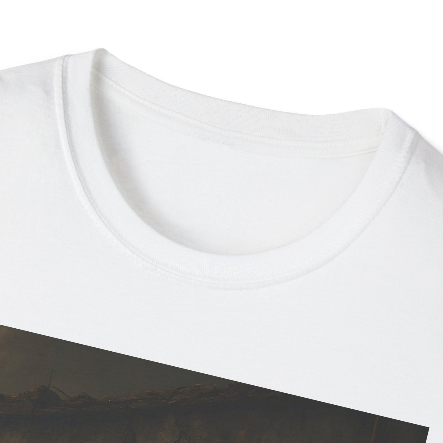 White crew-neck T-shirt with a dark diagonal landscape print across the lower front.