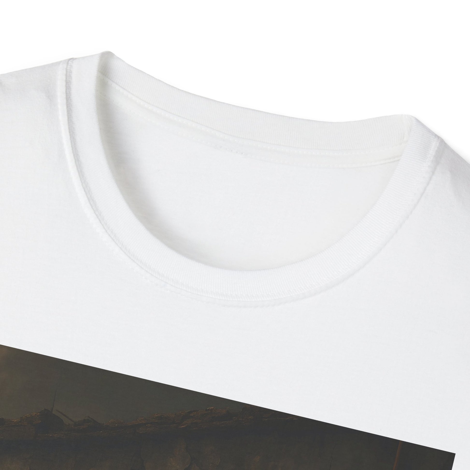 White crew-neck T-shirt with a dark diagonal landscape print across the lower front.