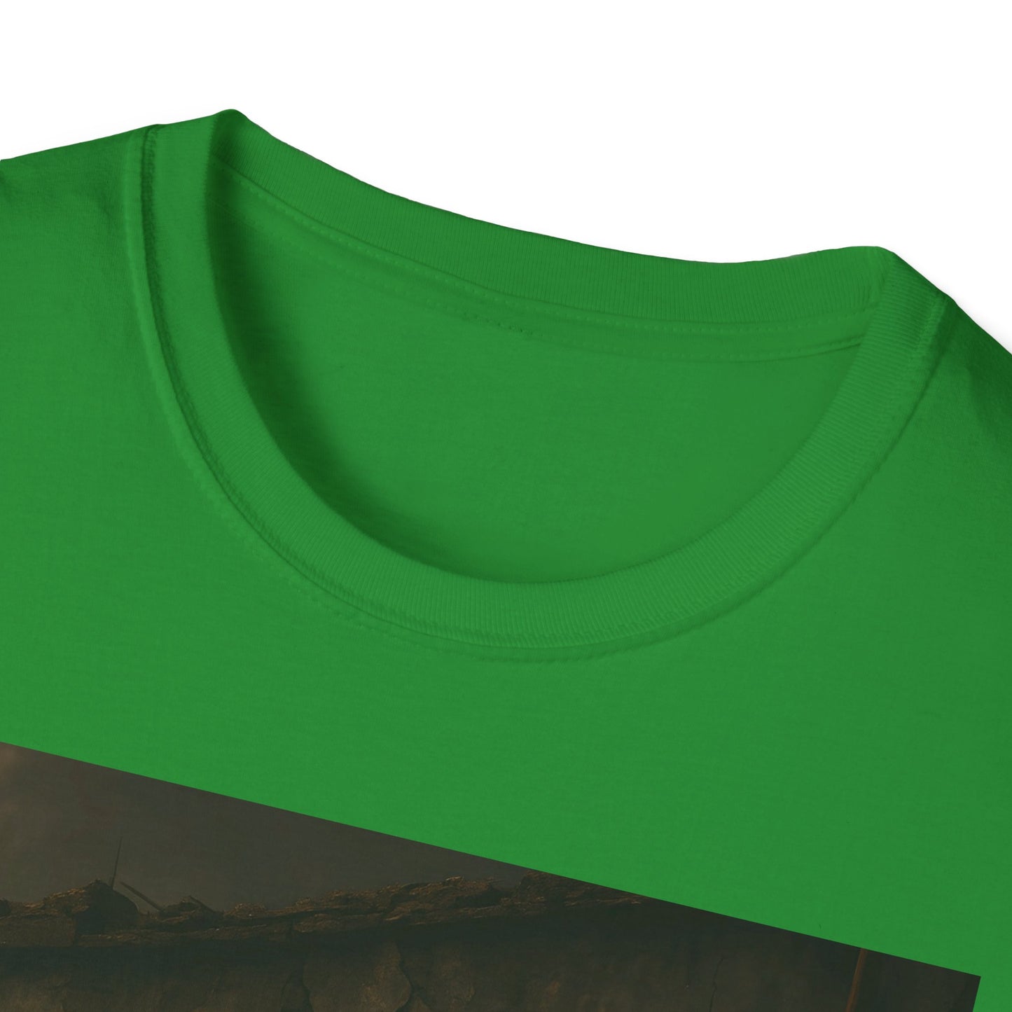 Close-up of a bright green crew-neck t-shirt collar with visible stitching.