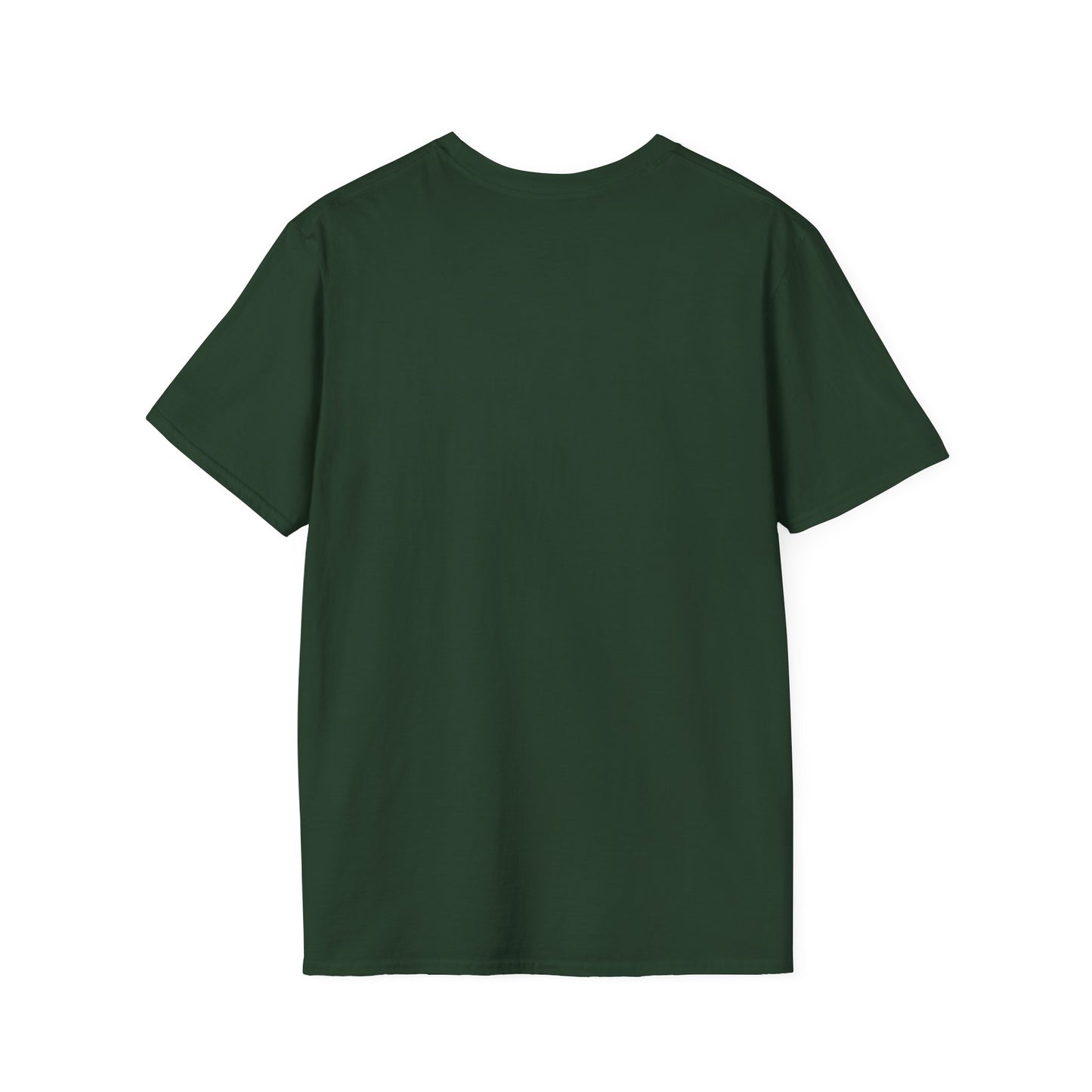 Back view of a plain forest green short-sleeve T-shirt with a round neckline.