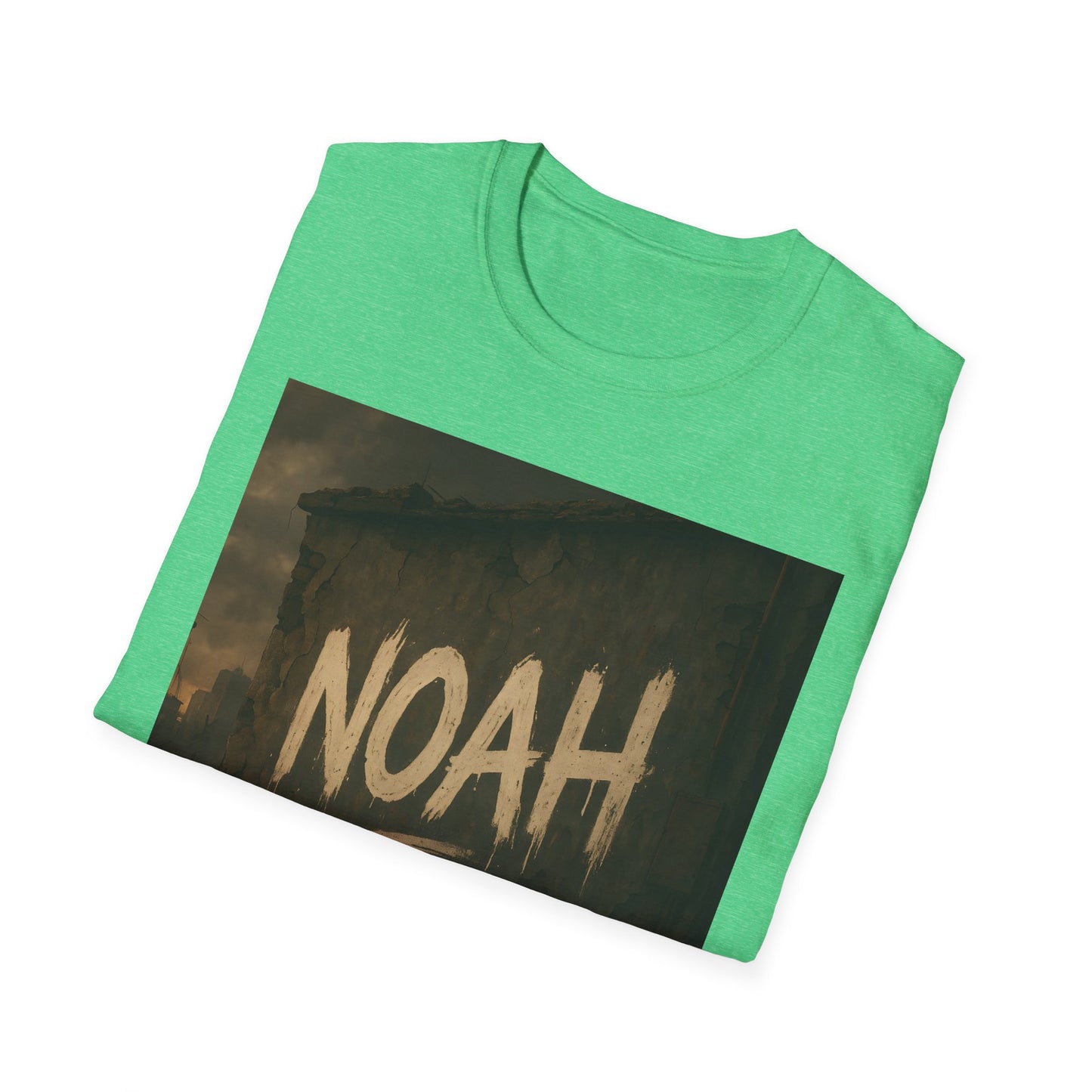 Green T-shirt featuring a dark rectangular graphic of a ruined wall with the word NOAH in beige brushstroke letters.