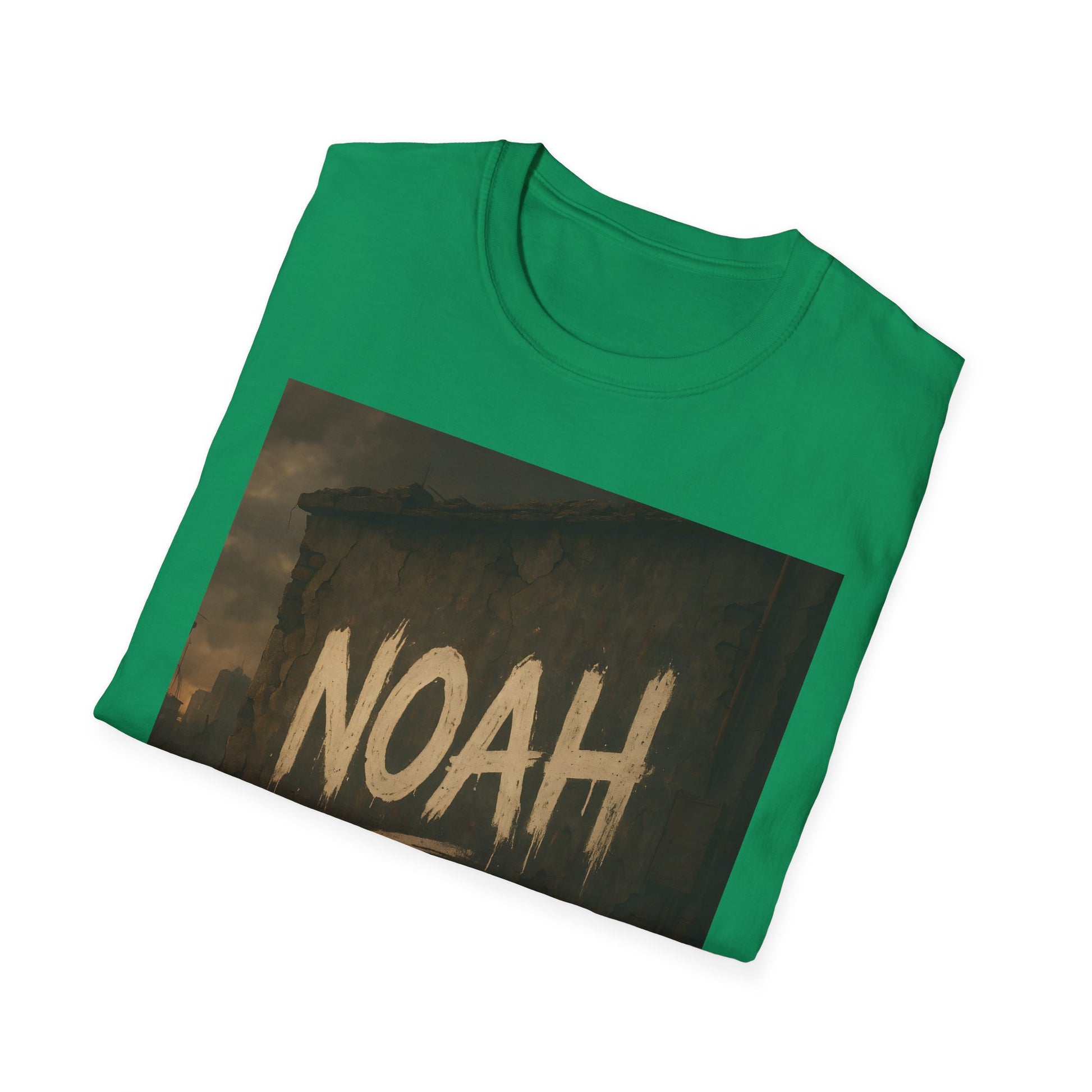 Green t-shirt with a rectangular graphic showing a ruined wall and the word NOAH in large beige letters.