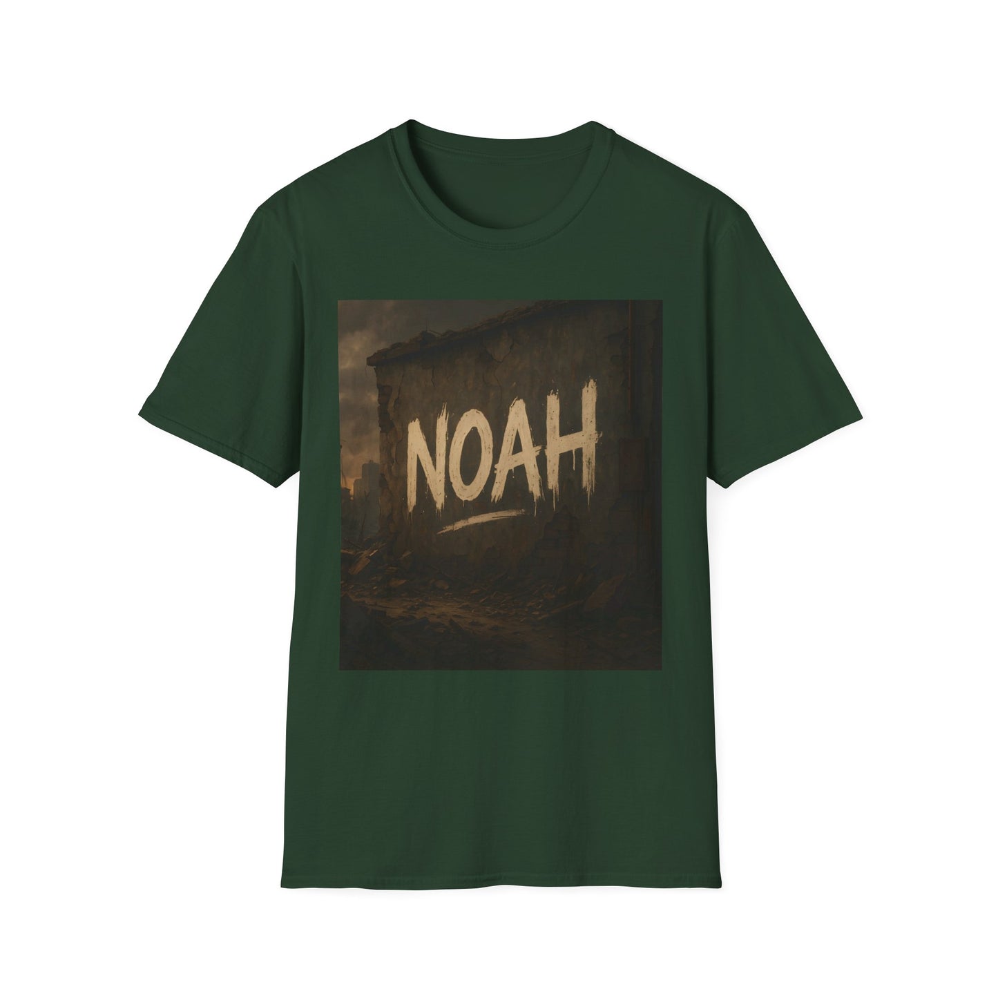 Green short-sleeve t-shirt with a dark square graphic showing beige "NOAH" text over a ruined urban scene.