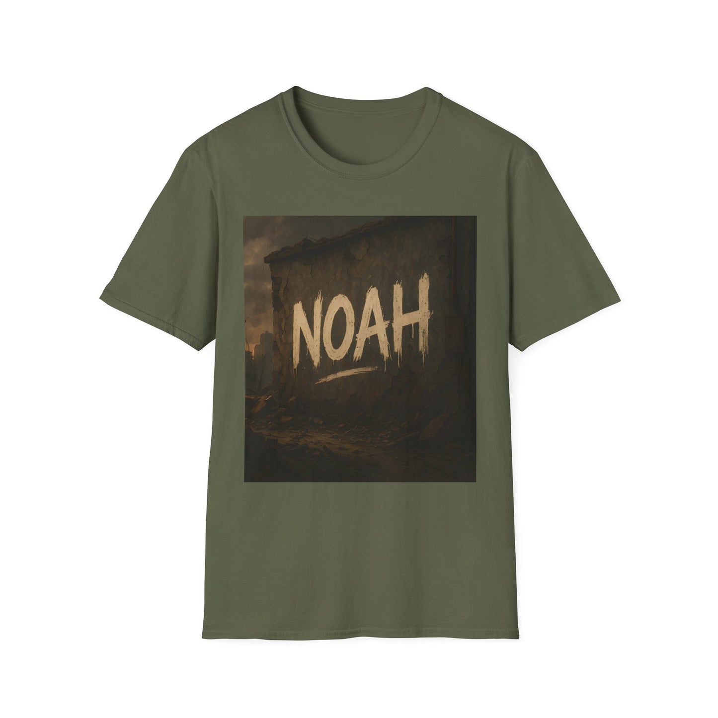 Olive T-shirt with a square graphic showing a ruined wall and the word NOAH in large white brushstroke letters.