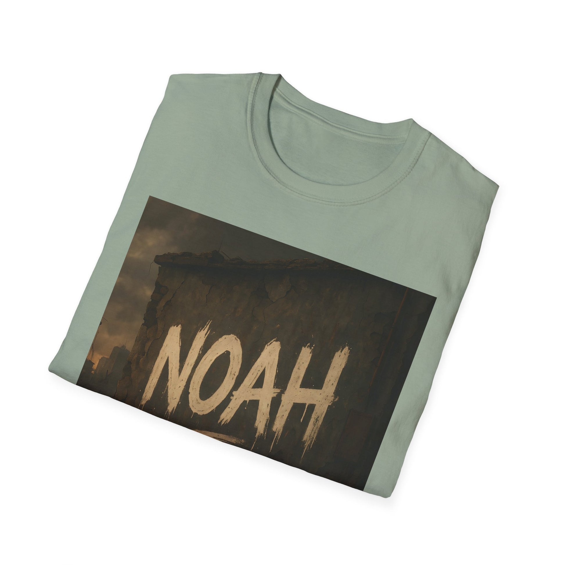 Light green crew-neck T-shirt with a large rectangular graphic showing a cracked wall and the word NOAH in bold white letters.