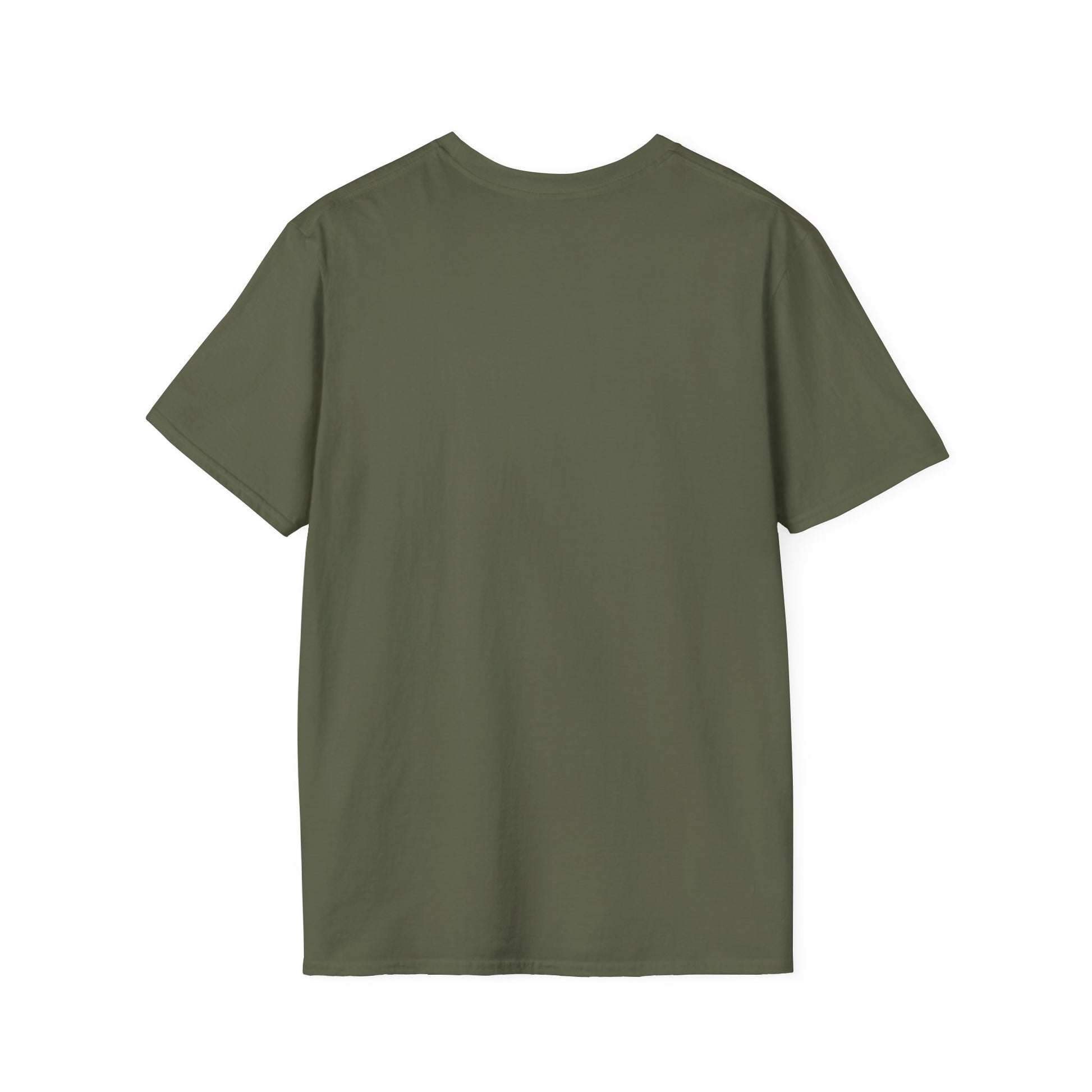 Back view of an olive green short-sleeve T-shirt with a plain, smooth fabric.