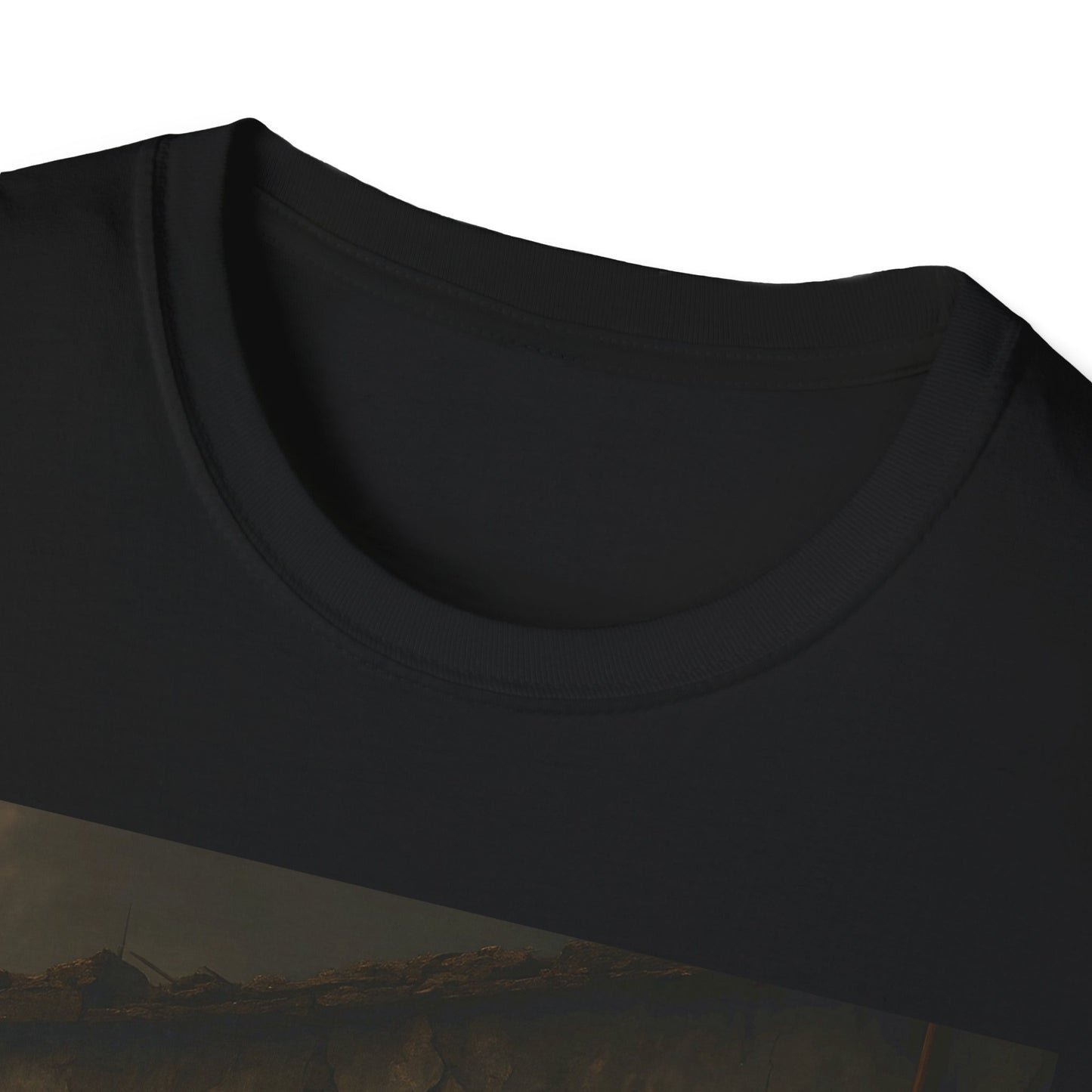 Close-up of a black crew-neck T-shirt with a partial landscape print along the bottom edge.